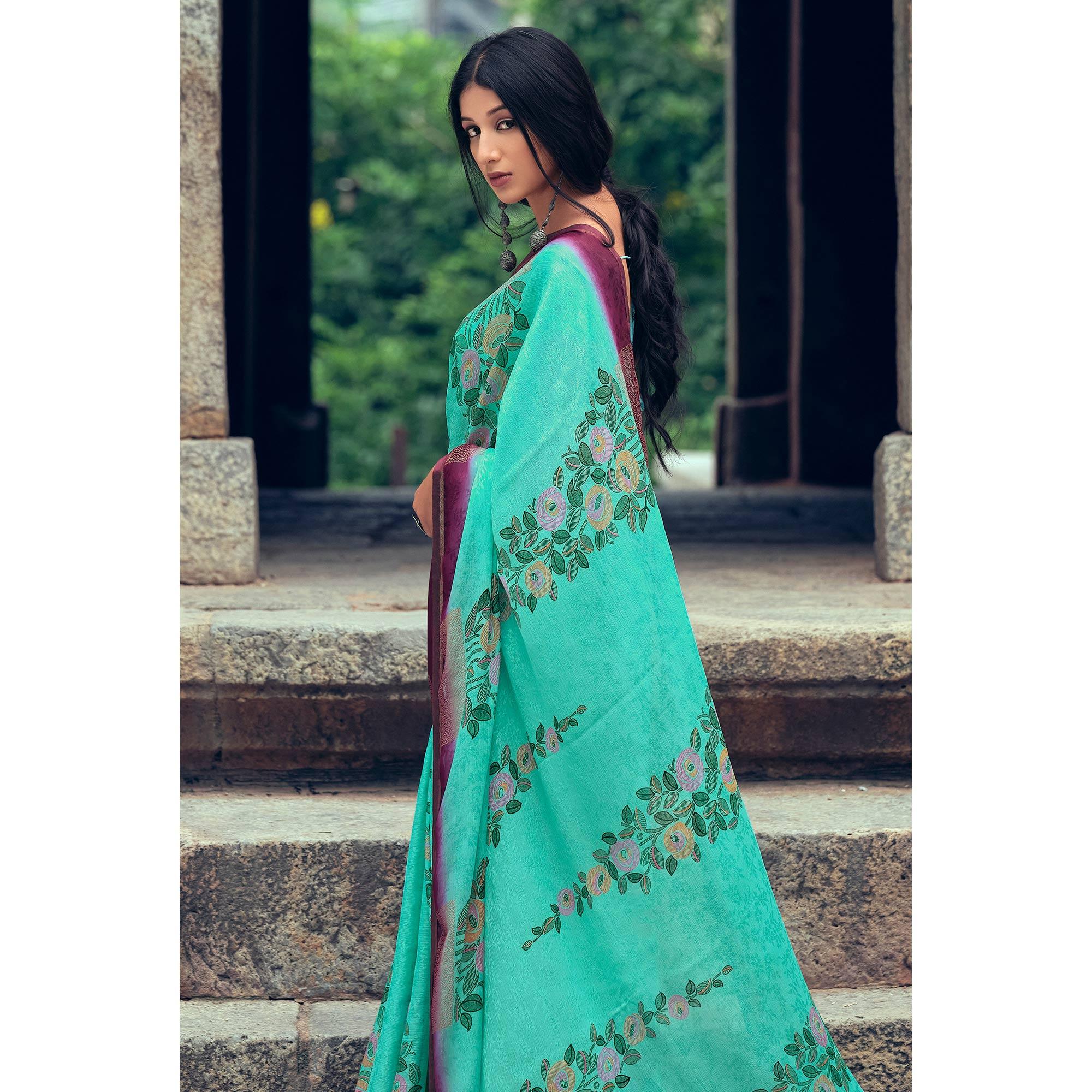 Green Casual Wear Printed Silk Saree - Peachmode