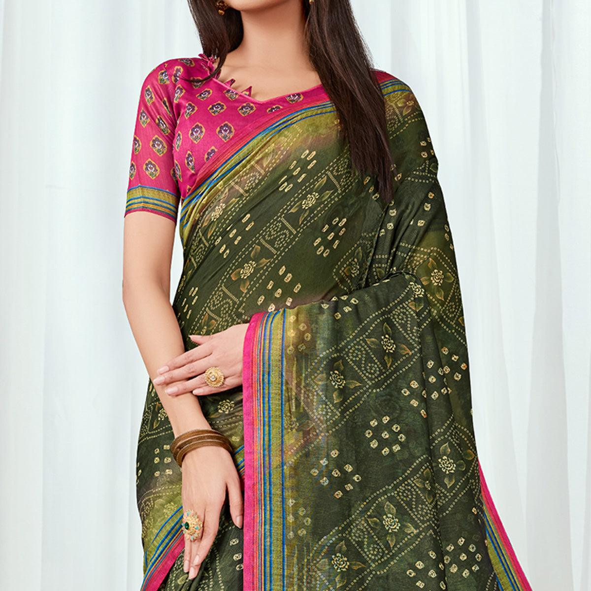 Green Casual Wear Printed Silk Saree - Peachmode