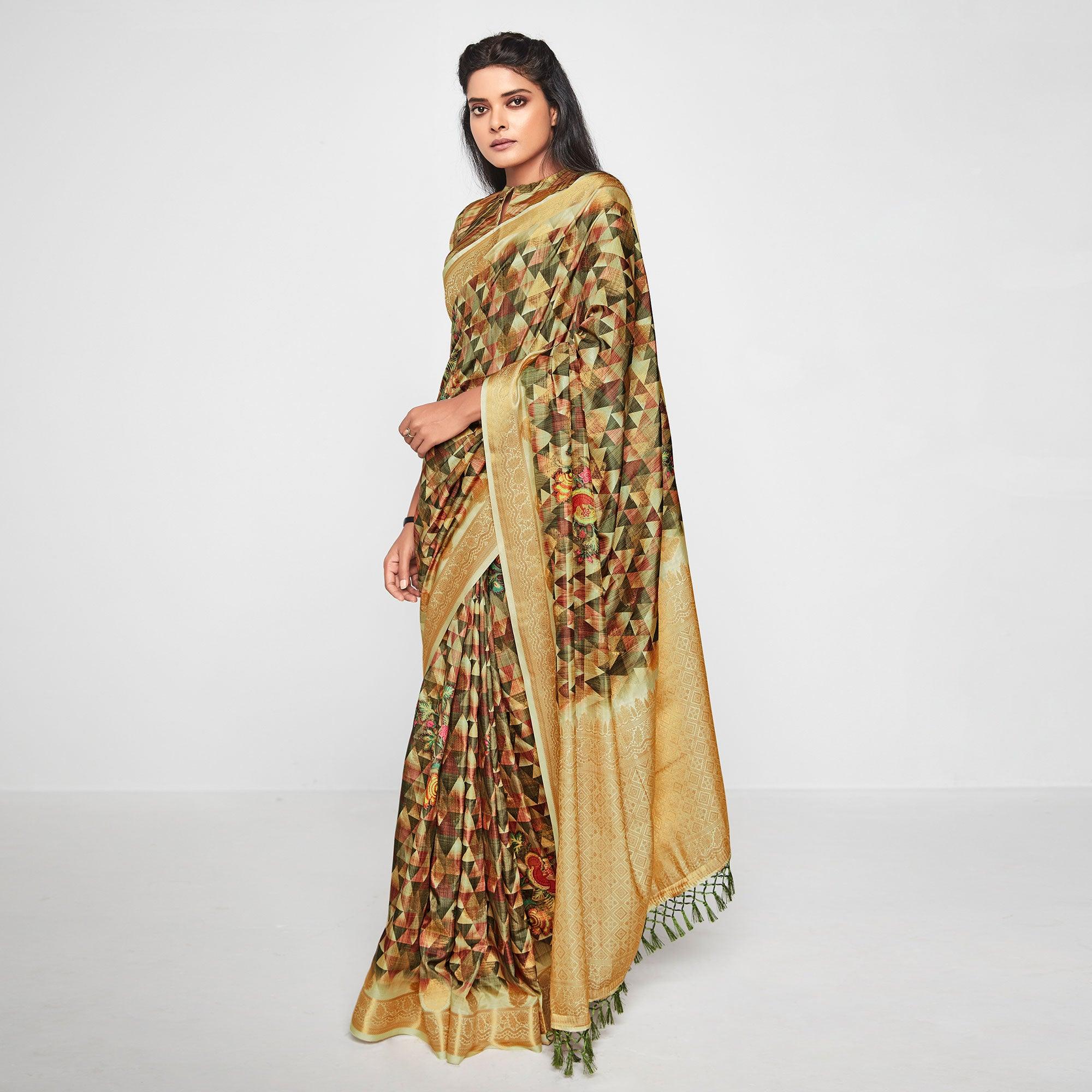 Green Casual Wear Printed Soft Art Silk Saree - Peachmode