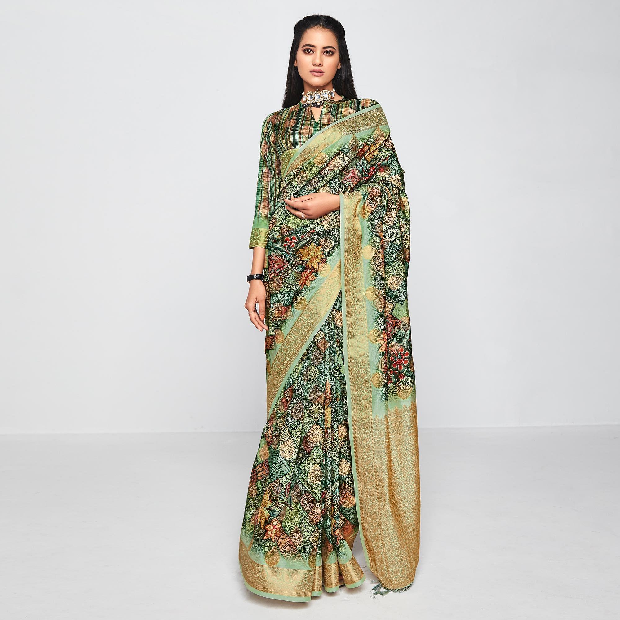 Green Casual Wear Printed Soft Art Silk Saree - Peachmode
