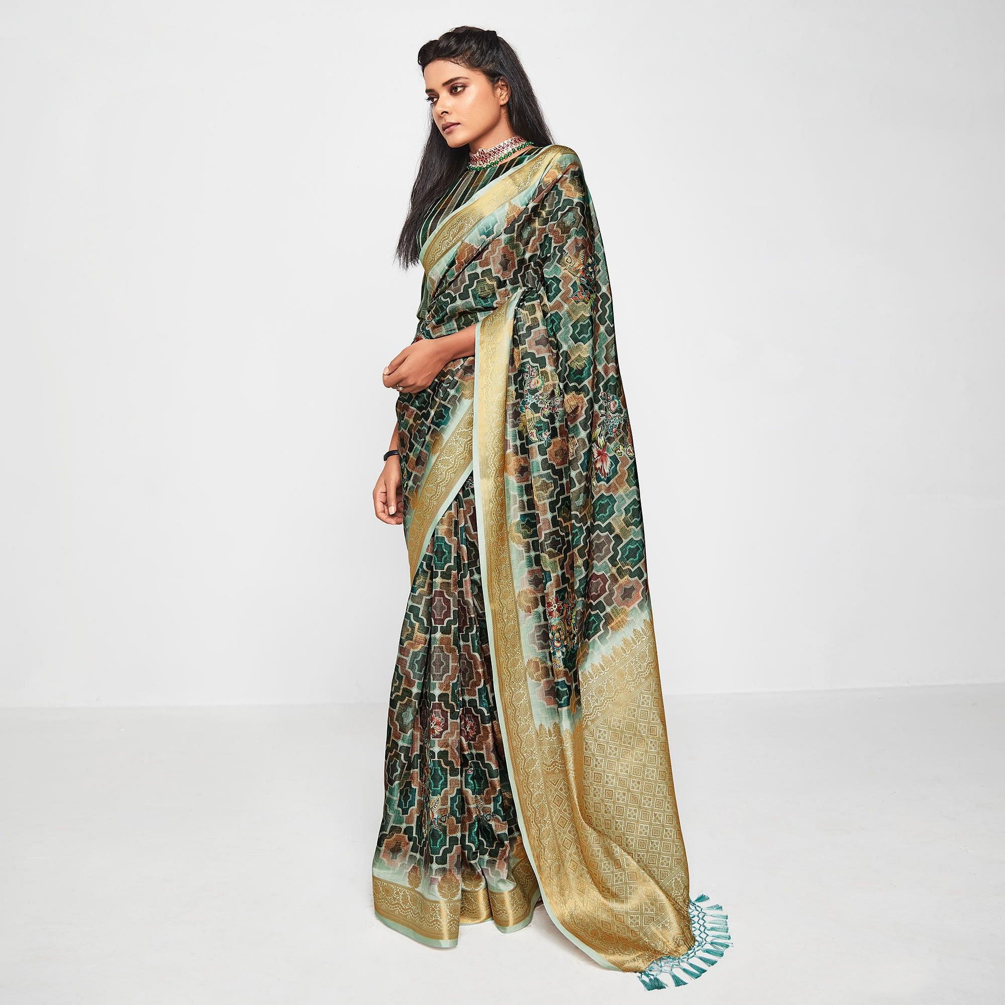 Green Casual Wear Printed Soft Art Silk Saree - Peachmode