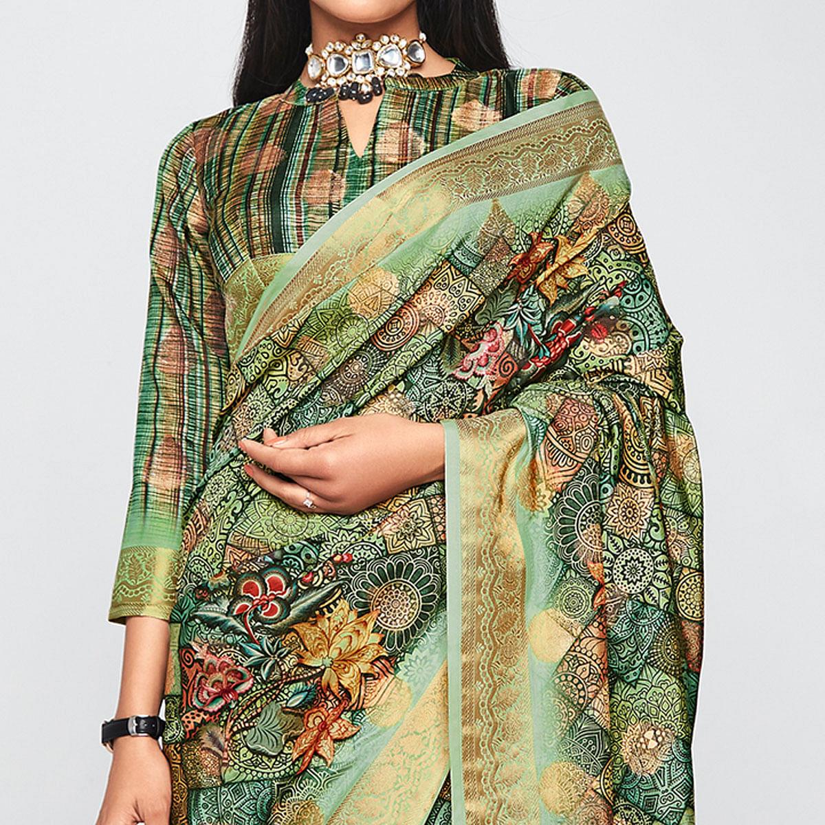 Green Casual Wear Printed Soft Art Silk Saree - Peachmode