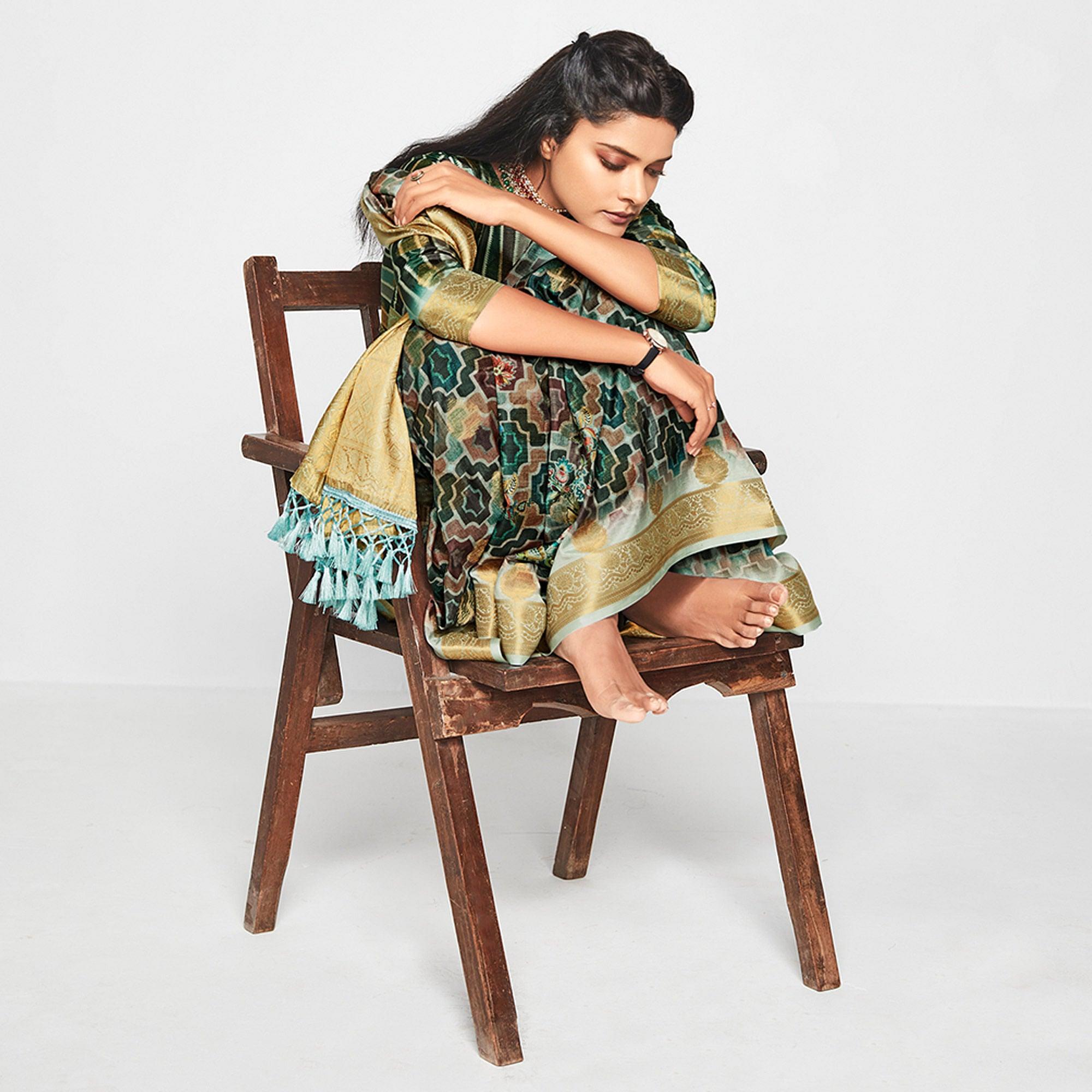 Green Casual Wear Printed Soft Art Silk Saree - Peachmode