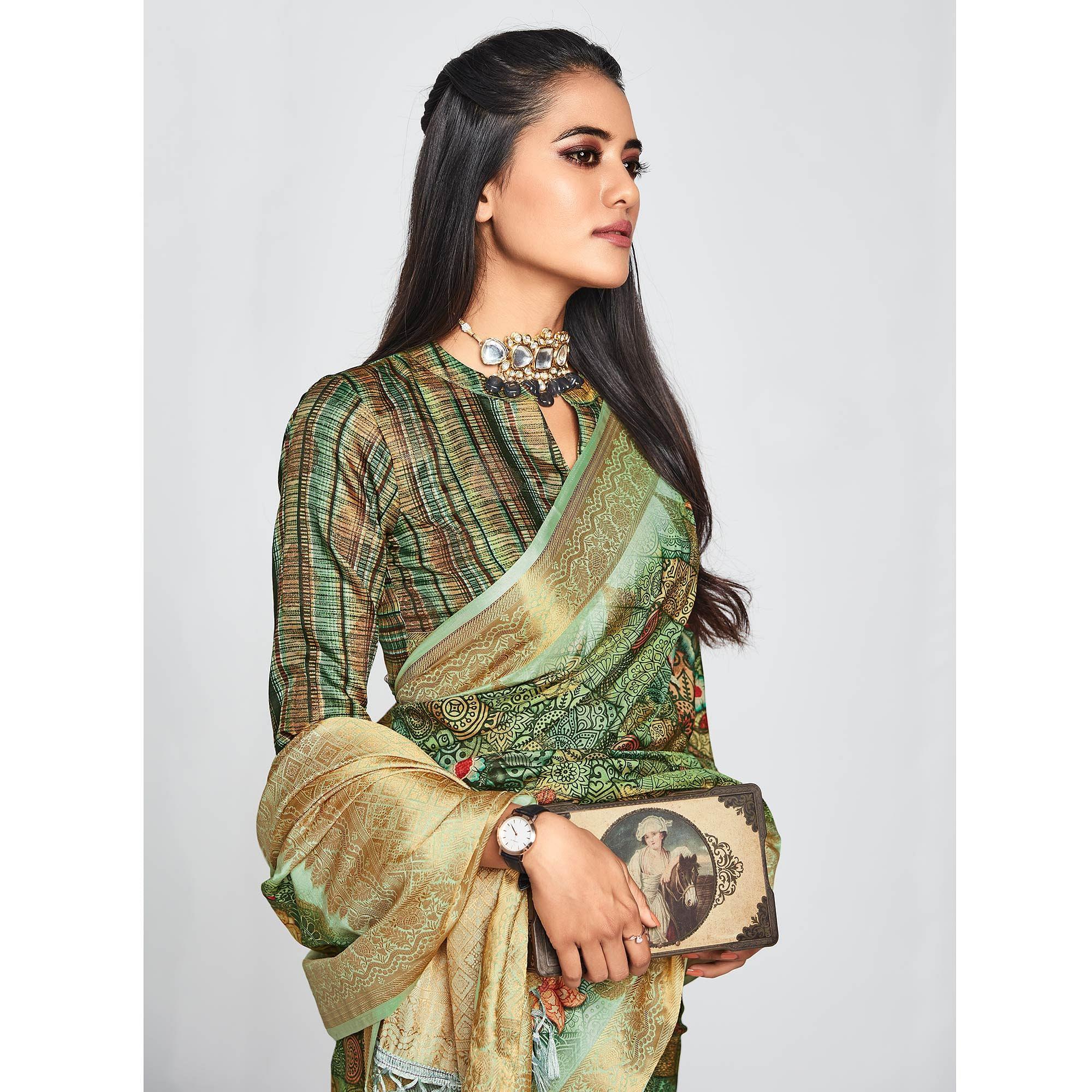 Green Casual Wear Printed Soft Art Silk Saree - Peachmode
