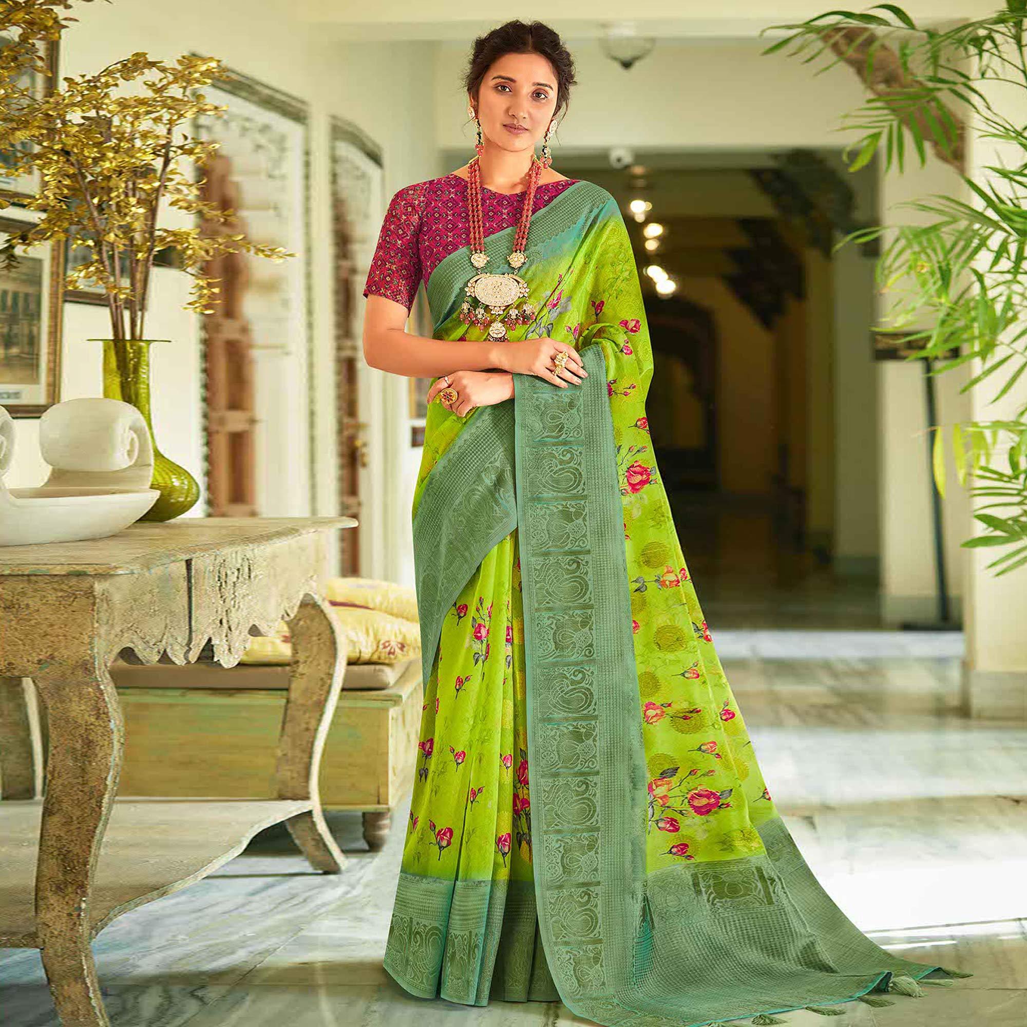 Green Casual Wear Printed Soft Cotton Saree - Peachmode