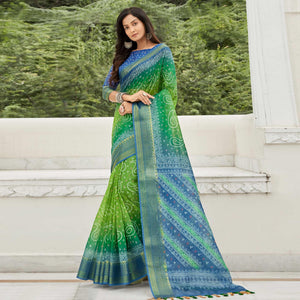 Green Casual Wear Printed Soft Linen Saree - Peachmode