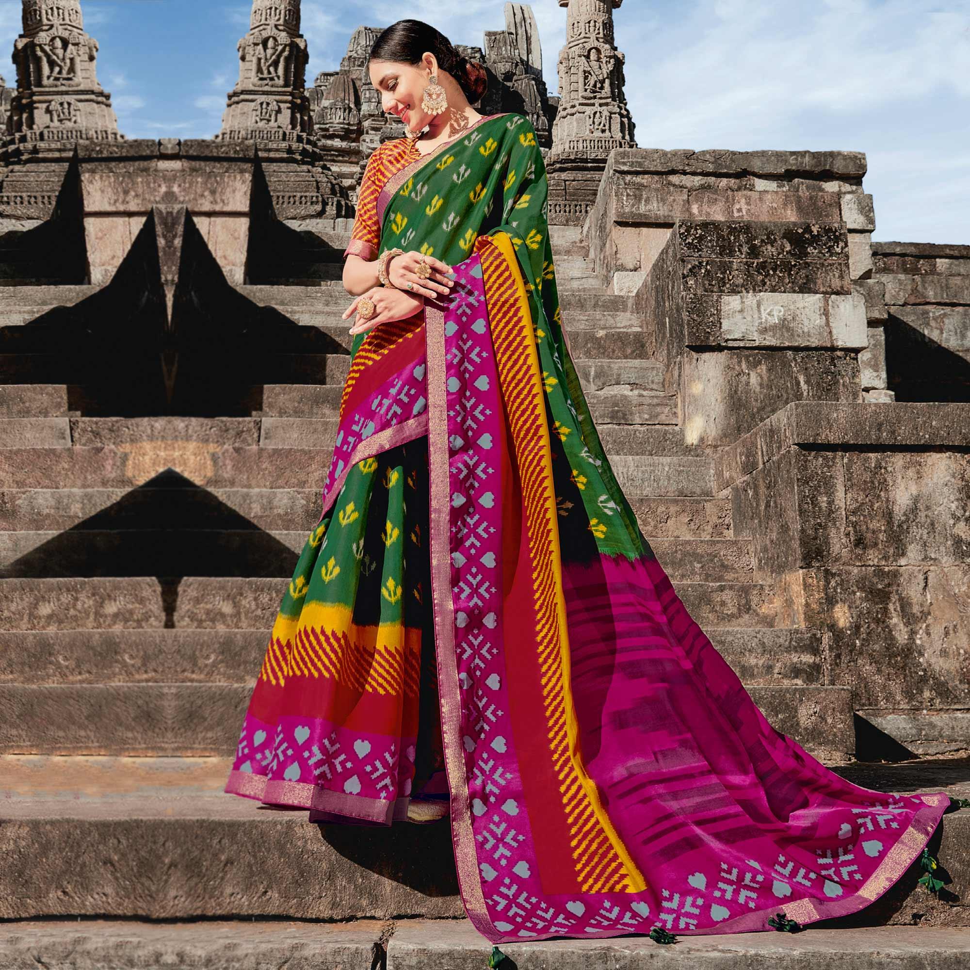 Green Casual Wear Printed Tussar Silk Saree - Peachmode