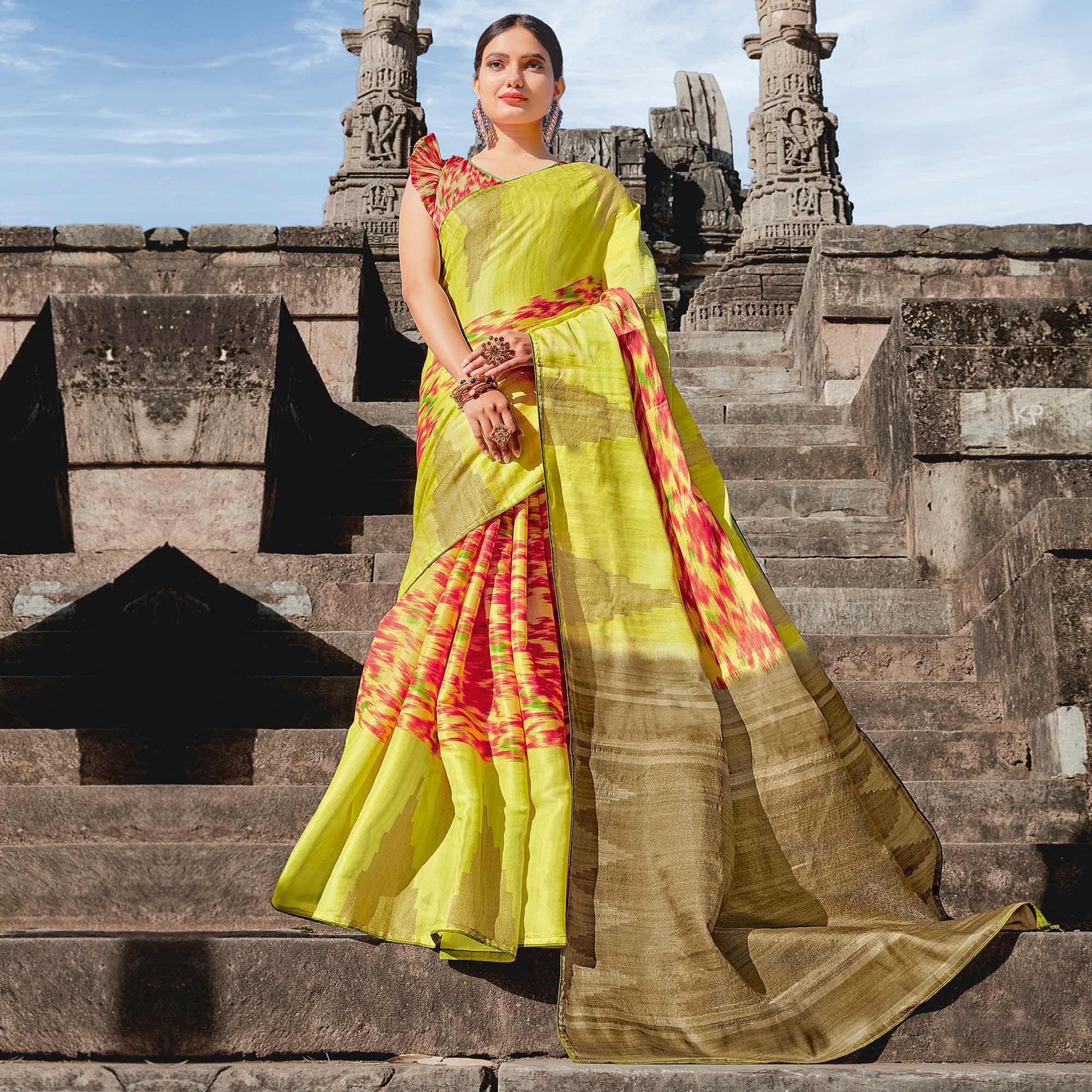 Green Casual Wear Printed Tussar Silk Saree - Peachmode