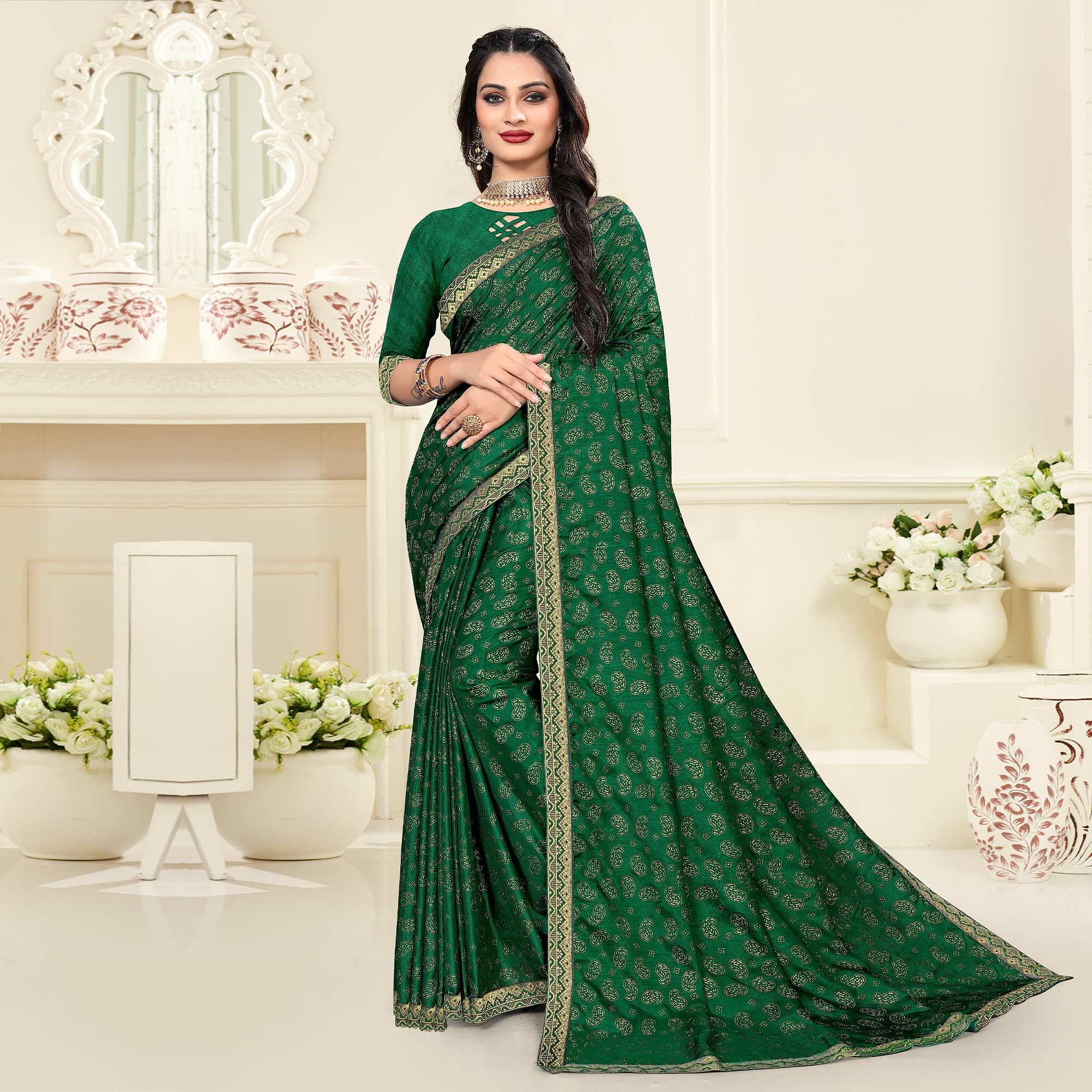 Green Casual Wear Printed Vichitra Silk Saree - Peachmode
