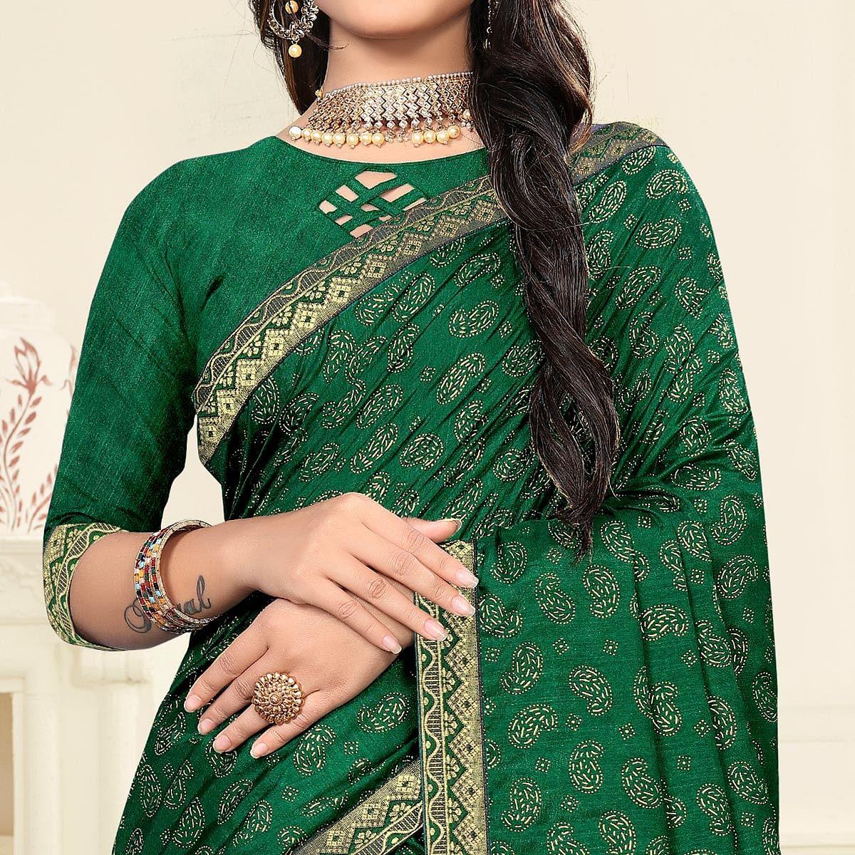 Green Casual Wear Printed Vichitra Silk Saree - Peachmode