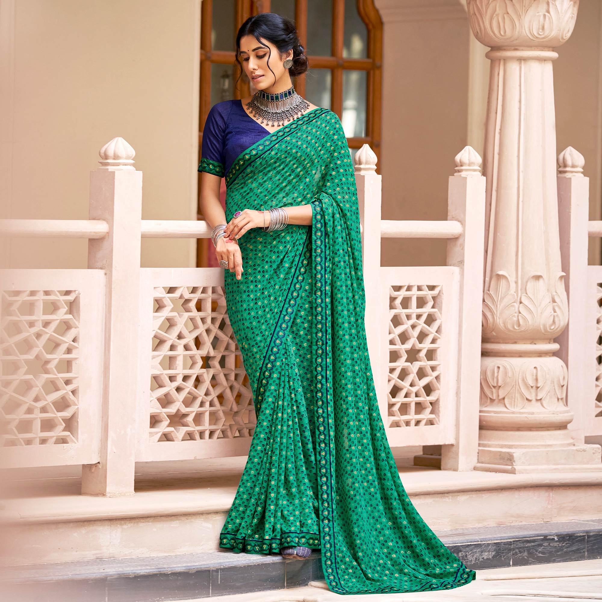 Green Casual Wear Printed Weightless Georgette Saree - Peachmode