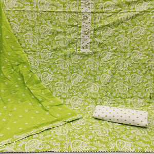 Green Casual Wear Printed With Embellished Cotton Dress Material - Peachmode