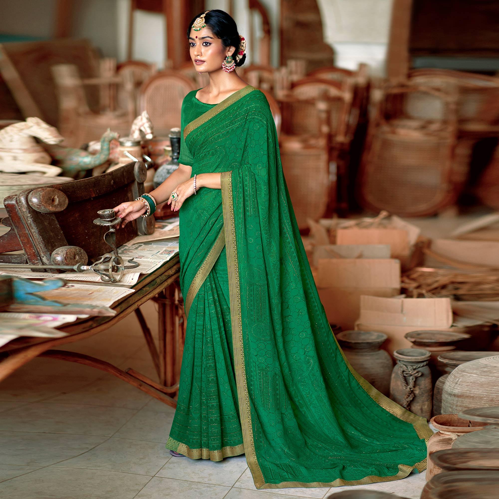 Green Casual Wear Printed With Fancy Lace Georgette Saree - Peachmode