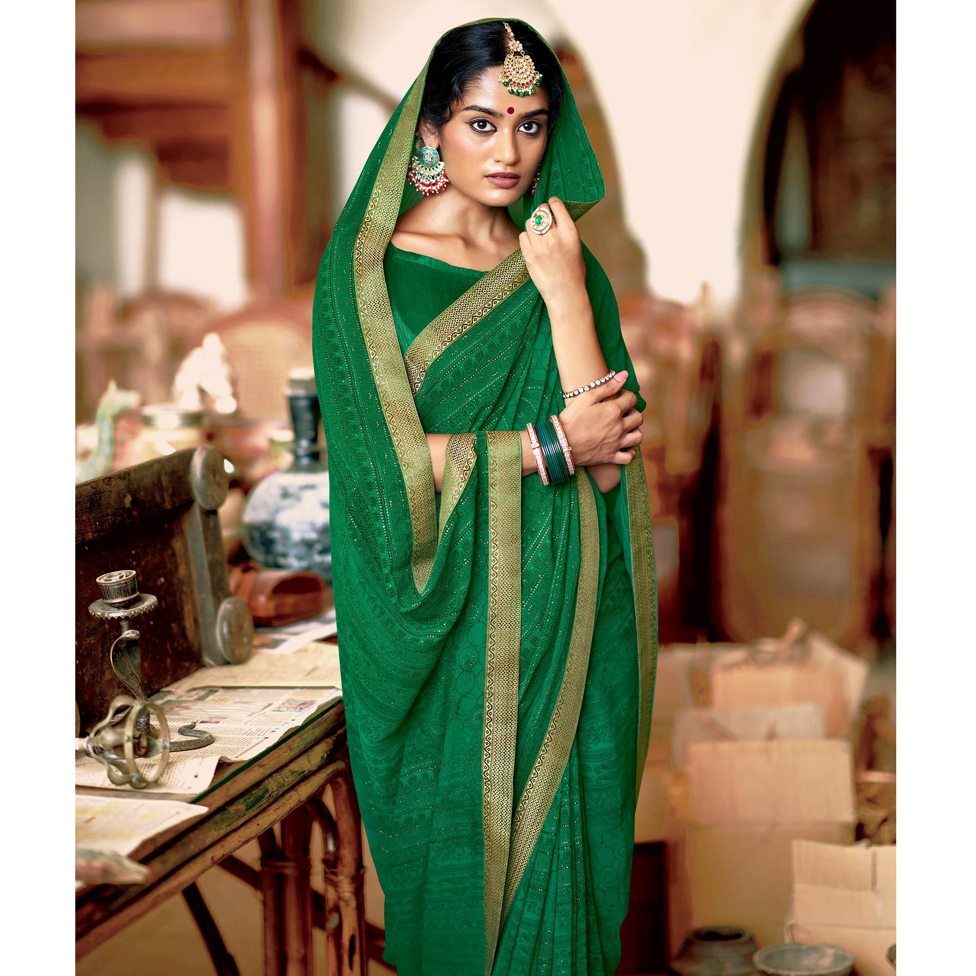 Green Casual Wear Printed With Fancy Lace Georgette Saree - Peachmode