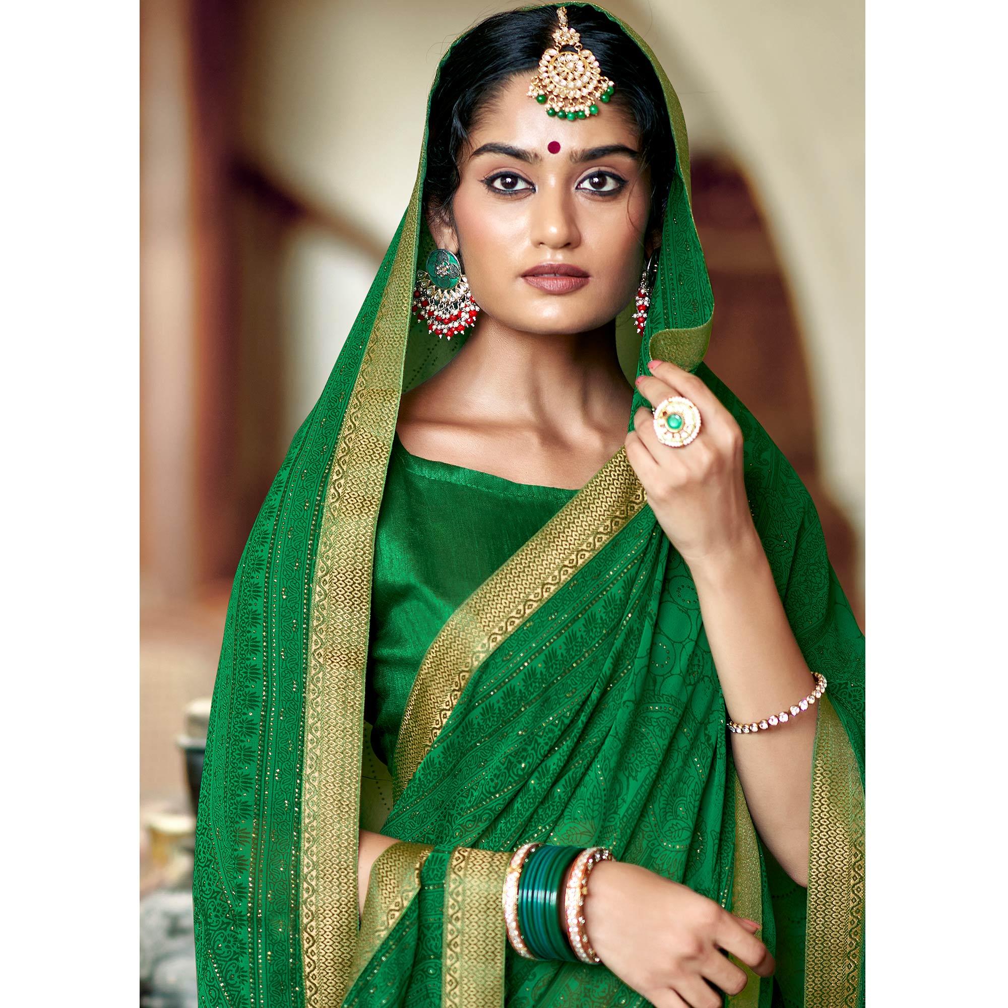 Green Casual Wear Printed With Fancy Lace Georgette Saree - Peachmode