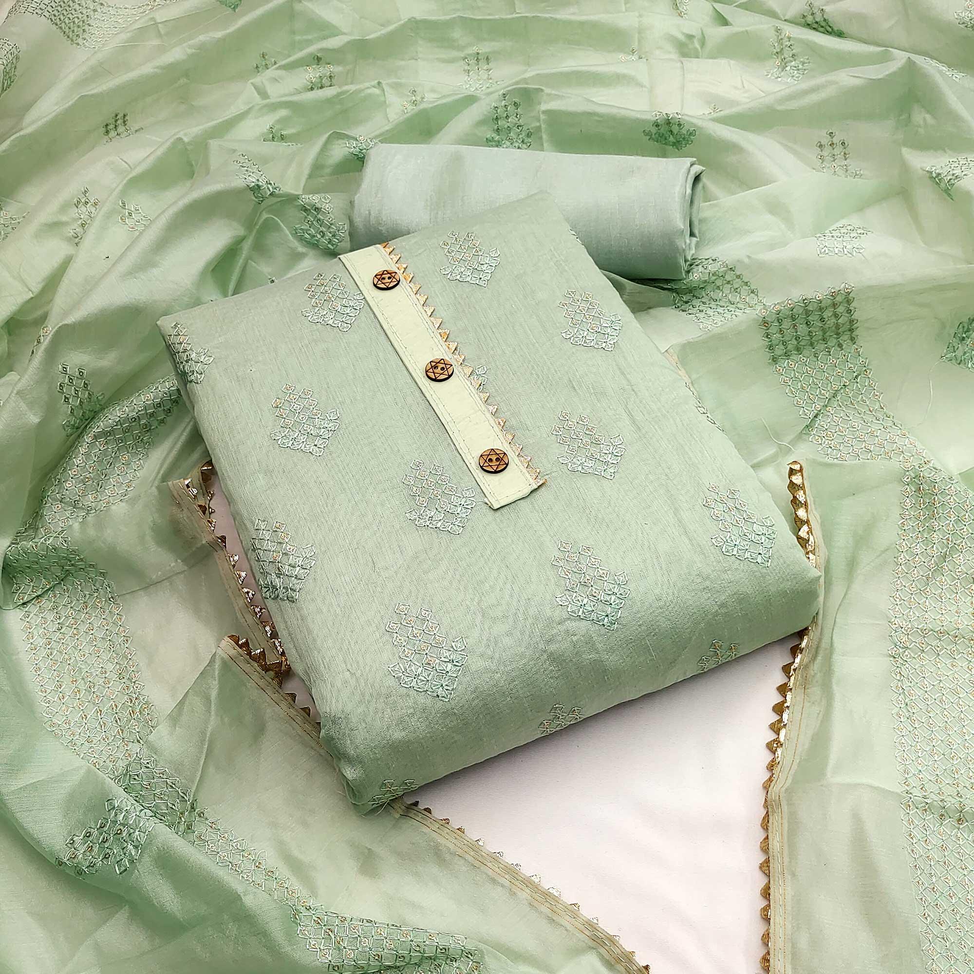 Green Casual Wear Sequence Embroidered Chanderi Dress Material - Peachmode