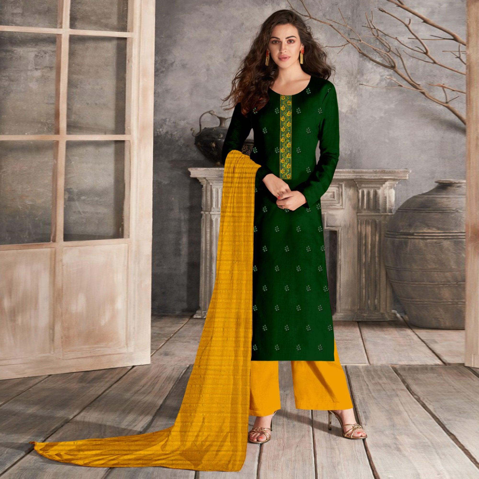 slim fit dress slacks Green Casual Wear Sequence Embroidered Chinon Silk Dress Material