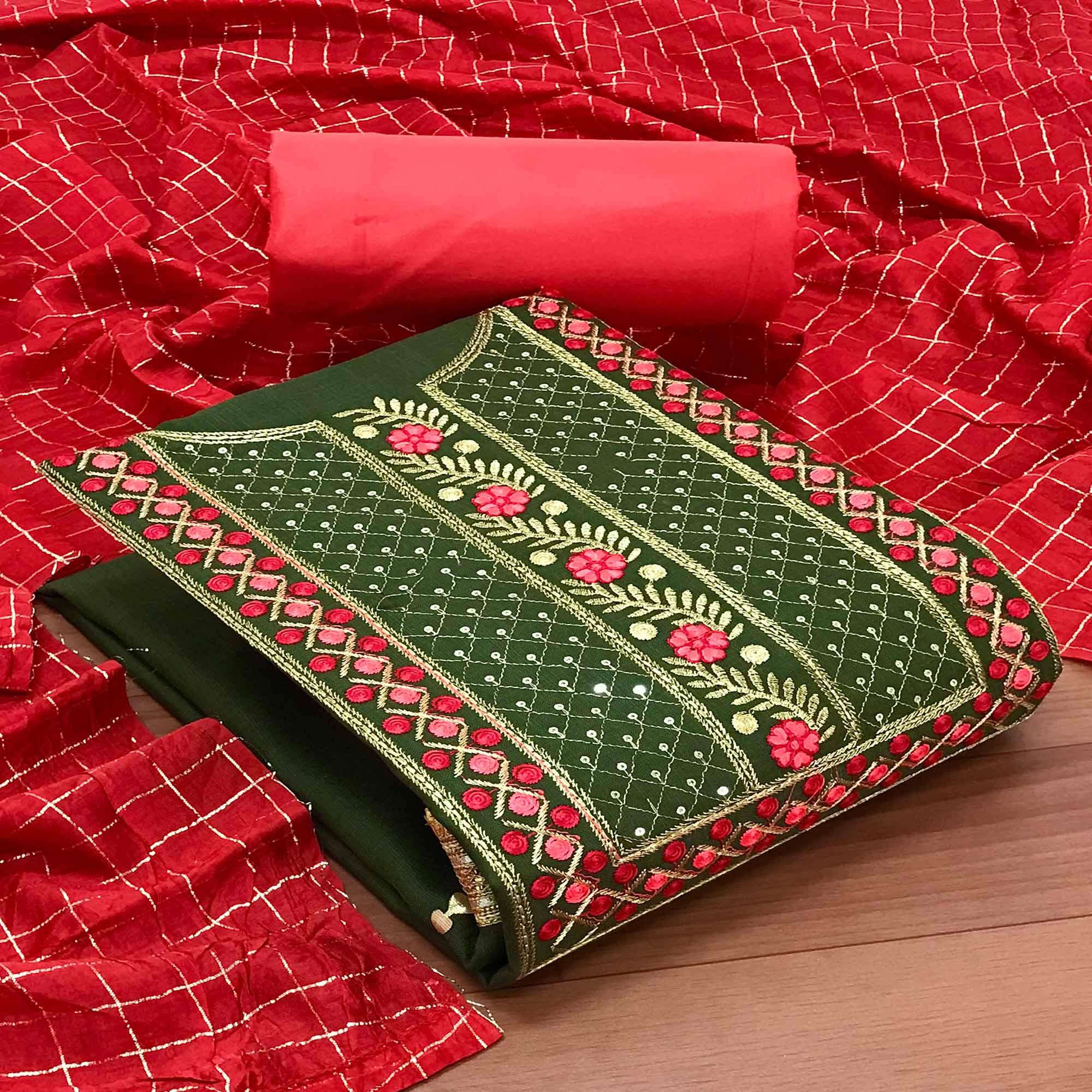 Green Casual Wear Sequence Embroidered Cotton Dress Material - Peachmode