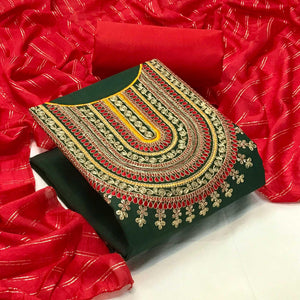 Green Casual Wear Sequence Embroidered Cotton Dress Material - Peachmode