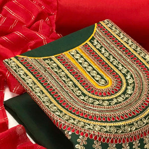 Green Casual Wear Sequence Embroidered Cotton Dress Material - Peachmode