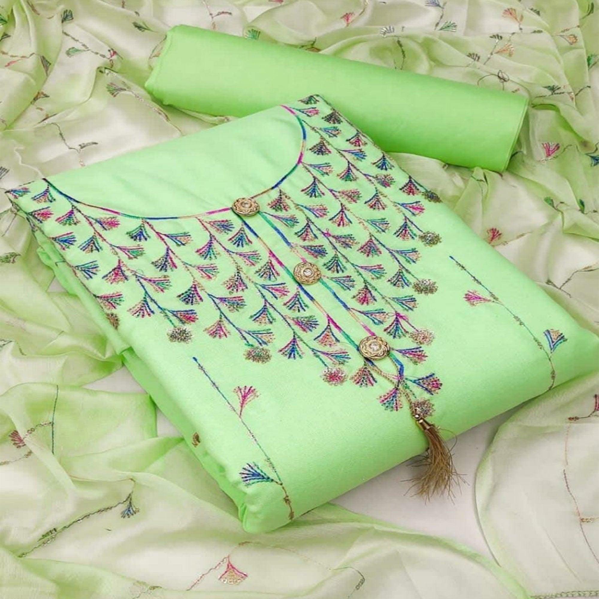 Green Casual Wear Sequence Work Cotton Dress Material - Peachmode