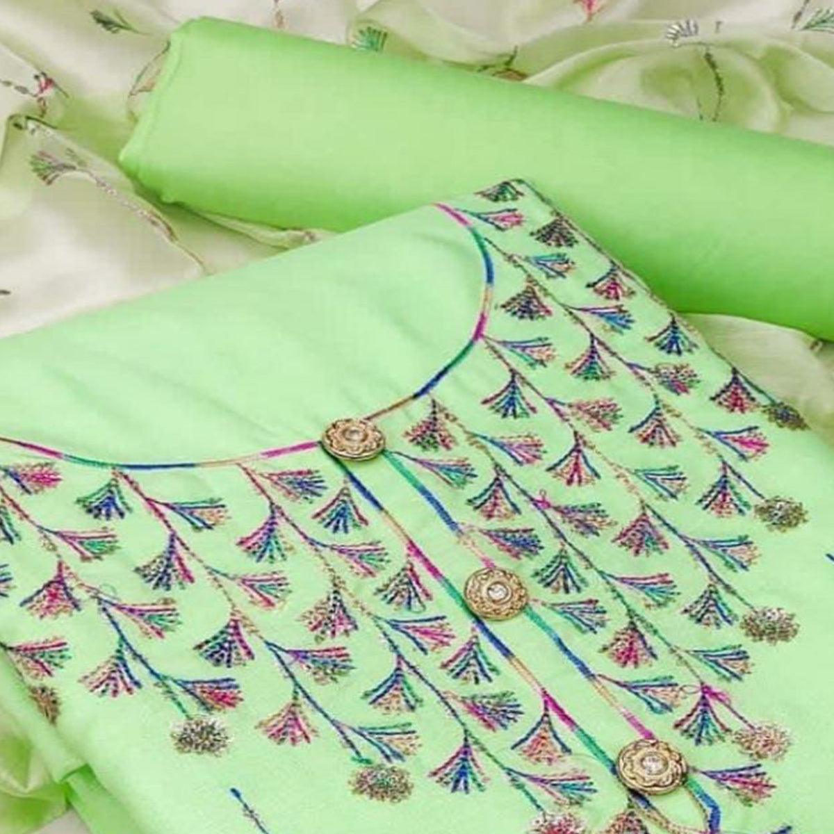 Green Casual Wear Sequence Work Cotton Dress Material - Peachmode