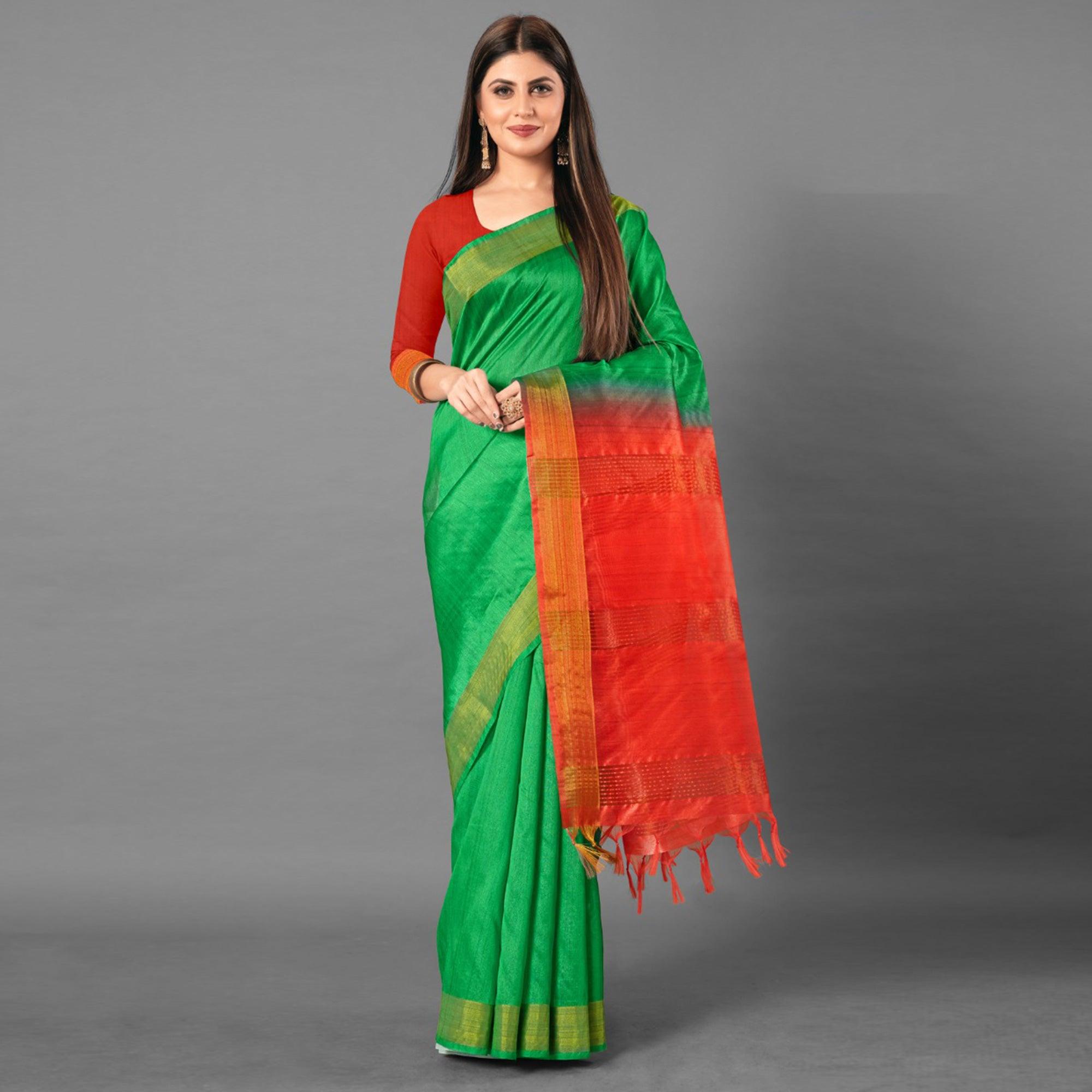 Green Casual Wear Solid Cotton silk Saree - Peachmode