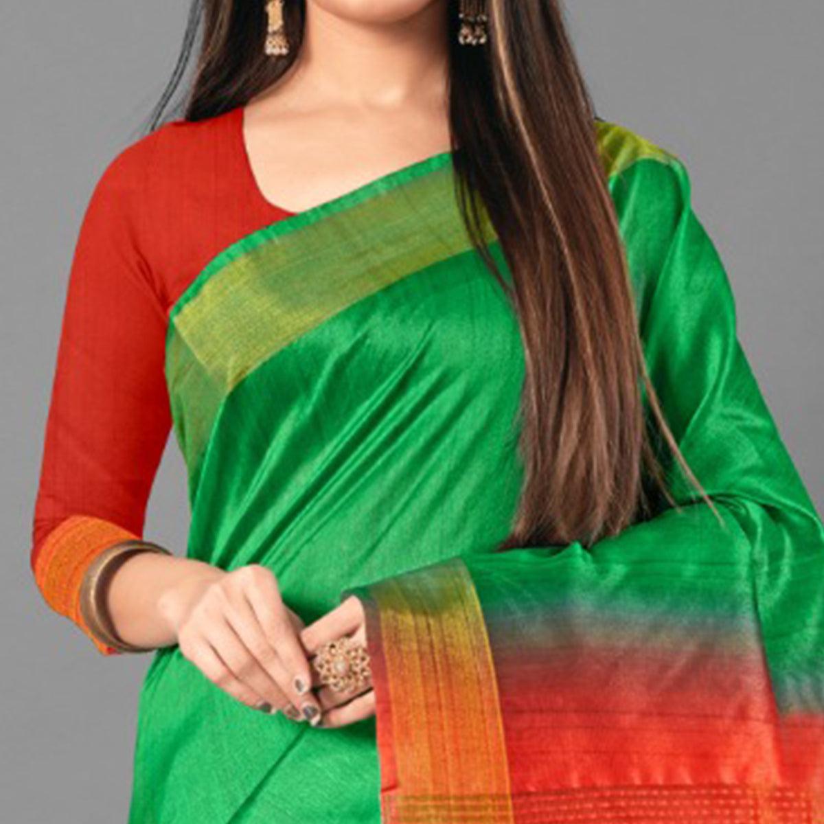 Green Casual Wear Solid Cotton silk Saree - Peachmode