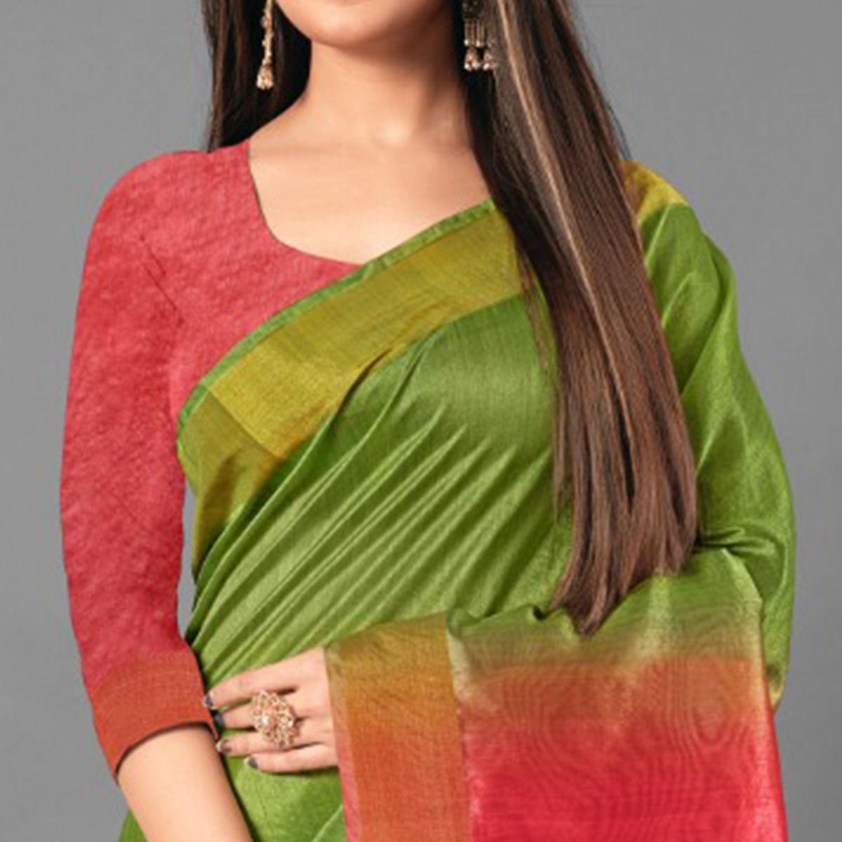 Green Casual Wear Solid Cotton silk Saree - Peachmode