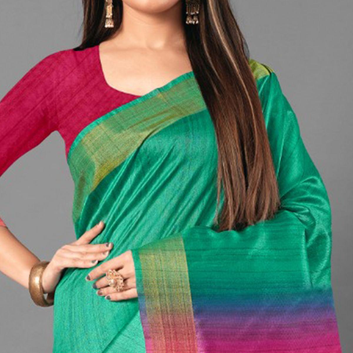 Green Casual Wear Solid Cotton silk Saree - Peachmode