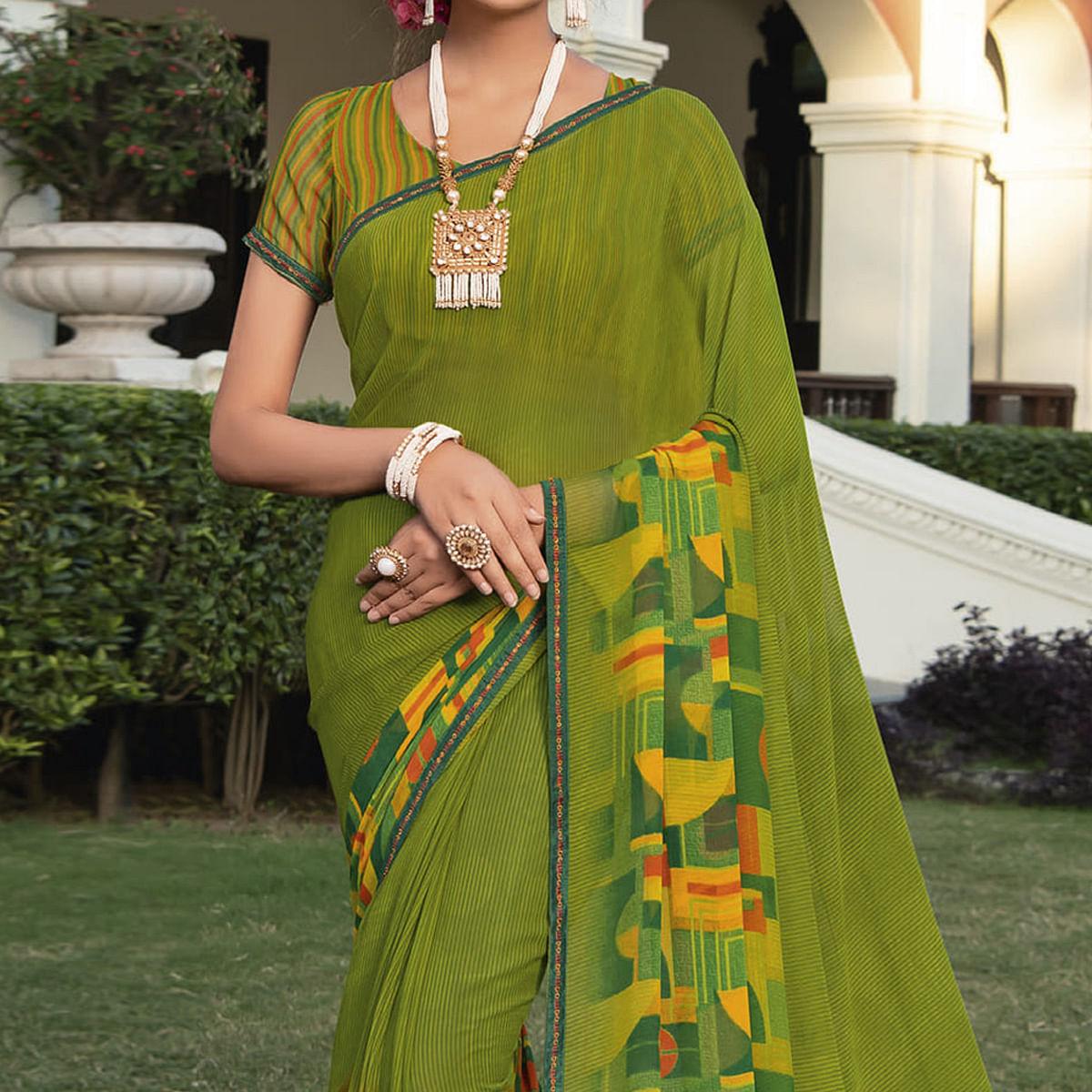 Green Casual Wear Solid Georgette Saree - Peachmode