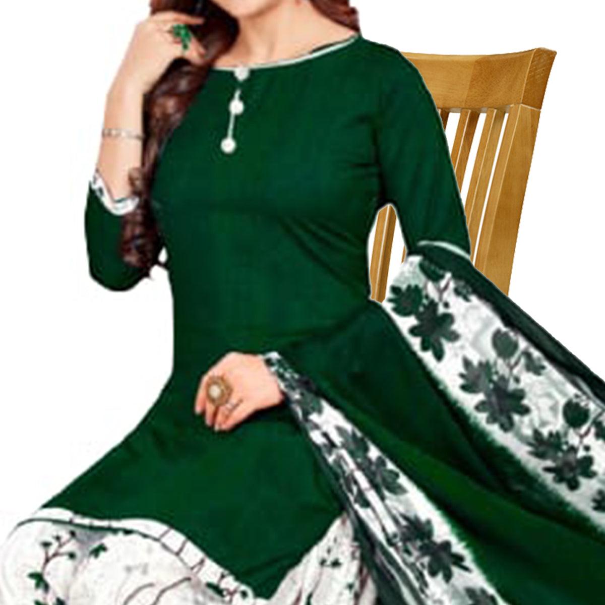 Green Casual Wear Solid-Printed Leon Patiala Dress Material - Peachmode