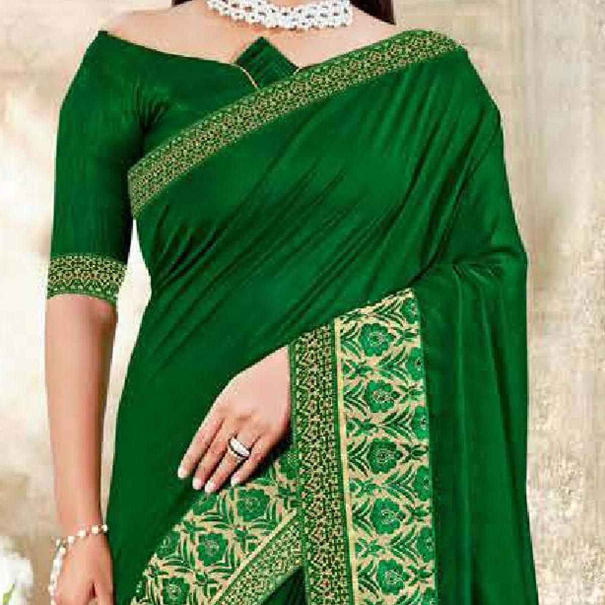 Green Casual Wear Solid Silk Saree With Fancy Border - Peachmode