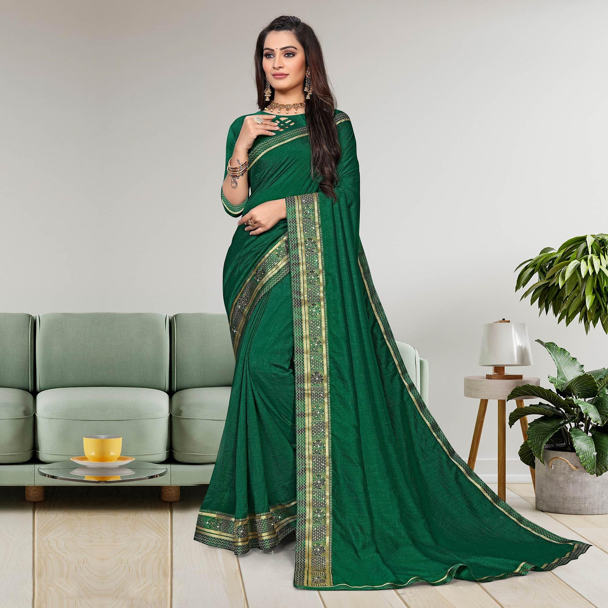 Green Casual Wear Solid Vichitra Silk Saree - Peachmode