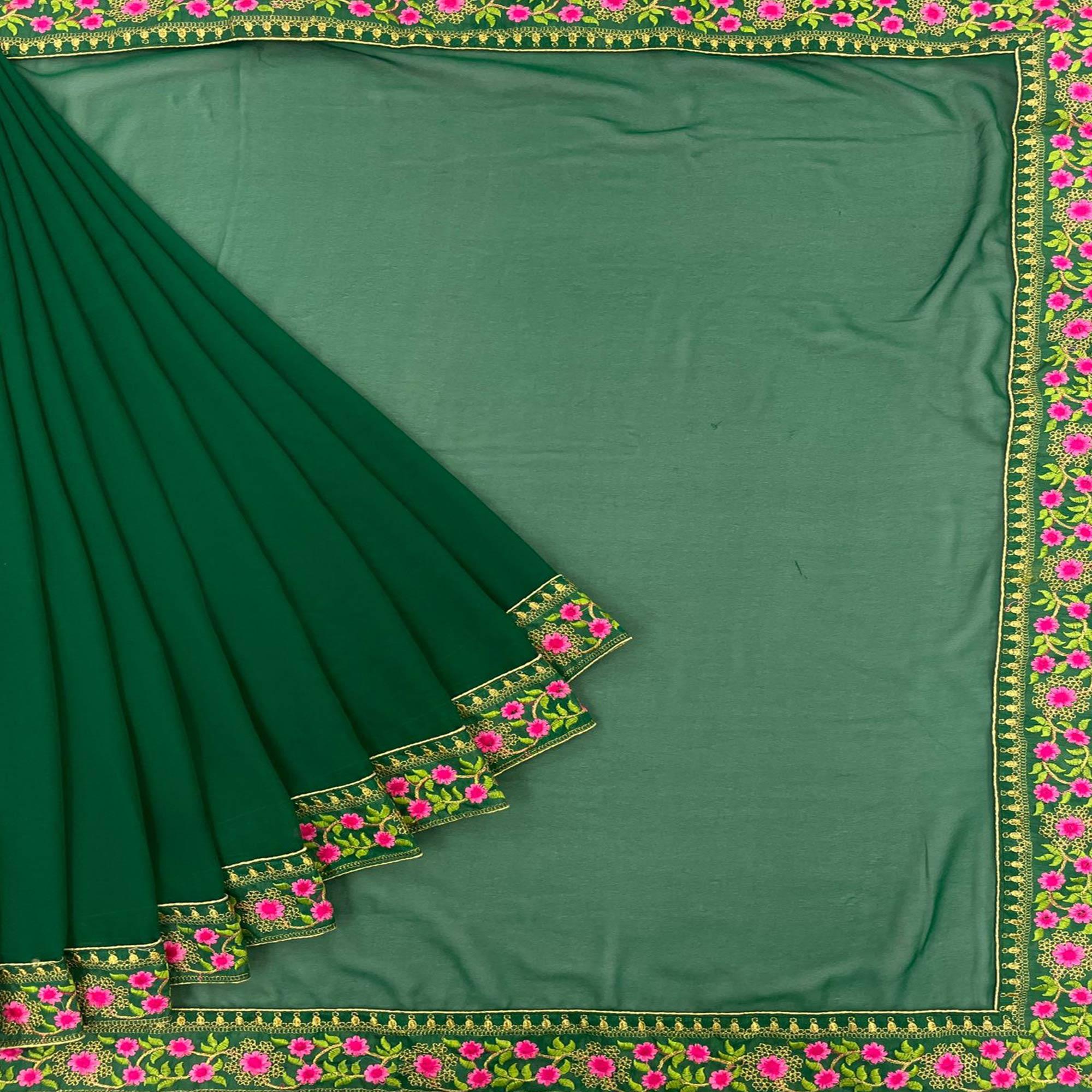 Green Casual Wear Solid With Lace Embroidery Georgette Saree - Peachmode