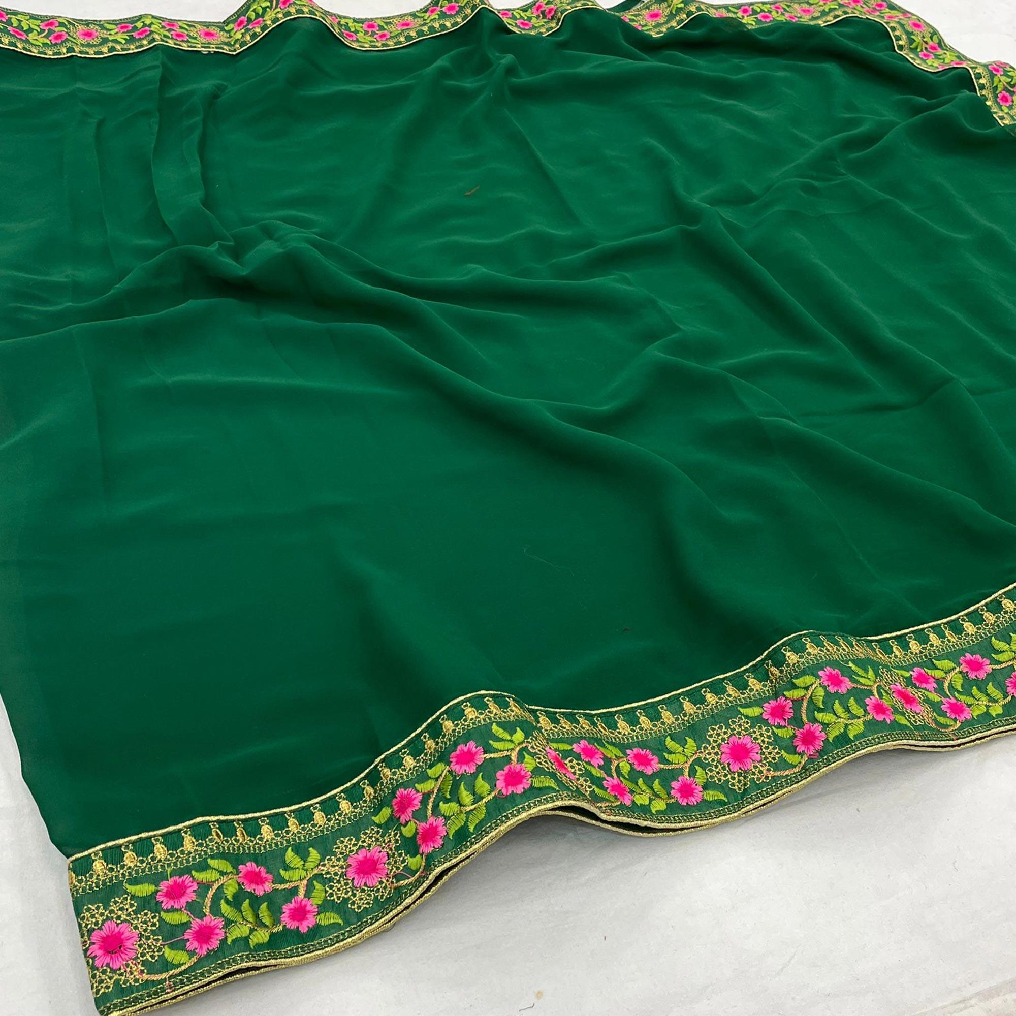 Green Casual Wear Solid With Lace Embroidery Georgette Saree - Peachmode