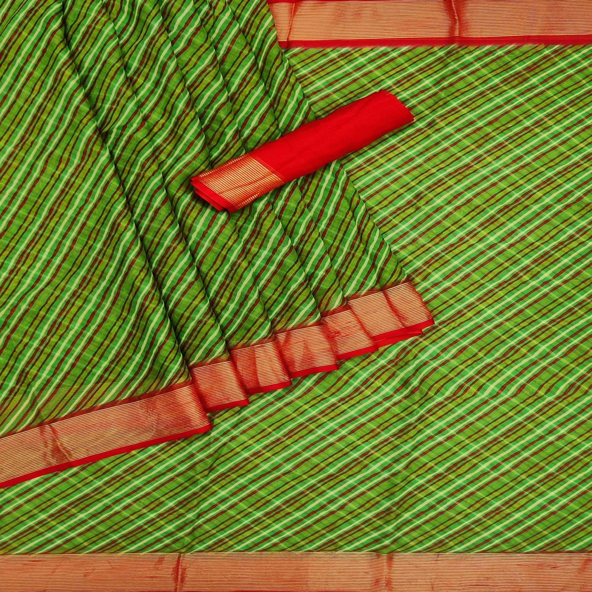 Green Casual Wear Stripe Printed Chiffon Saree - Peachmode