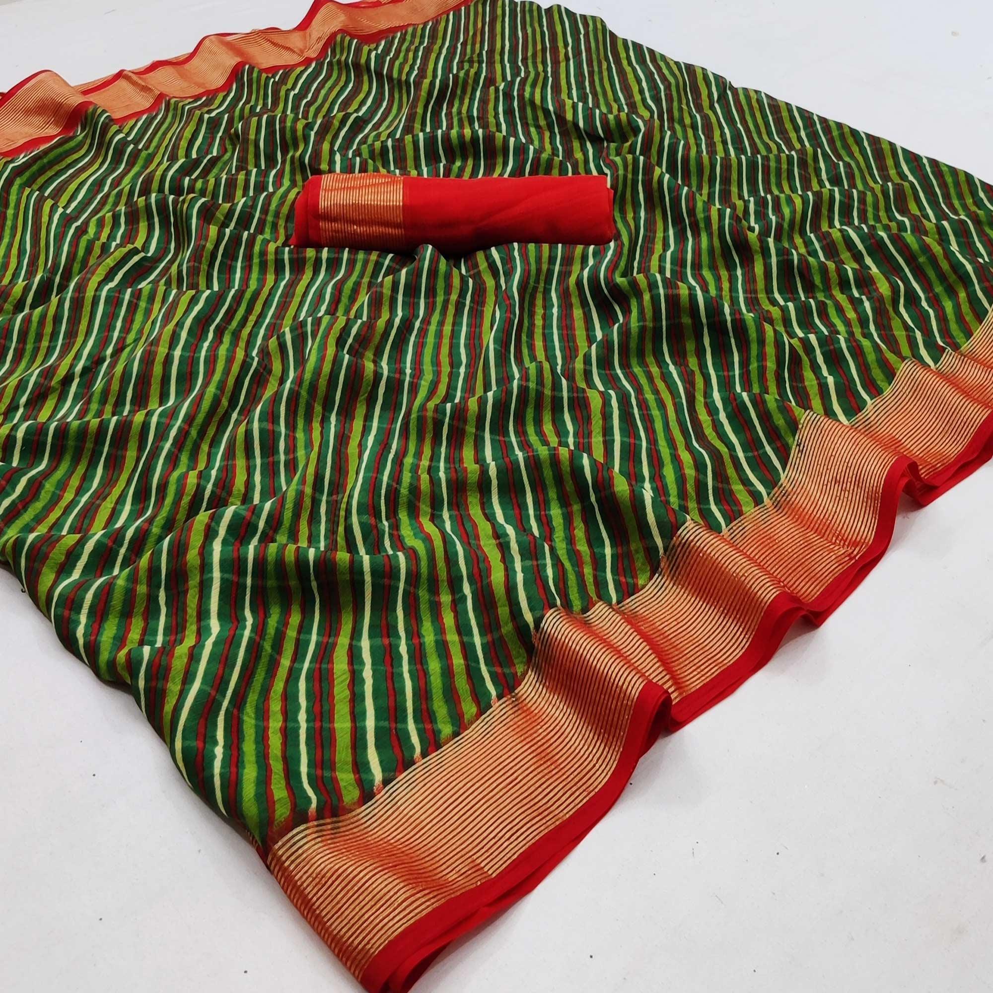 Green Casual Wear Stripe Printed Chiffon Saree - Peachmode