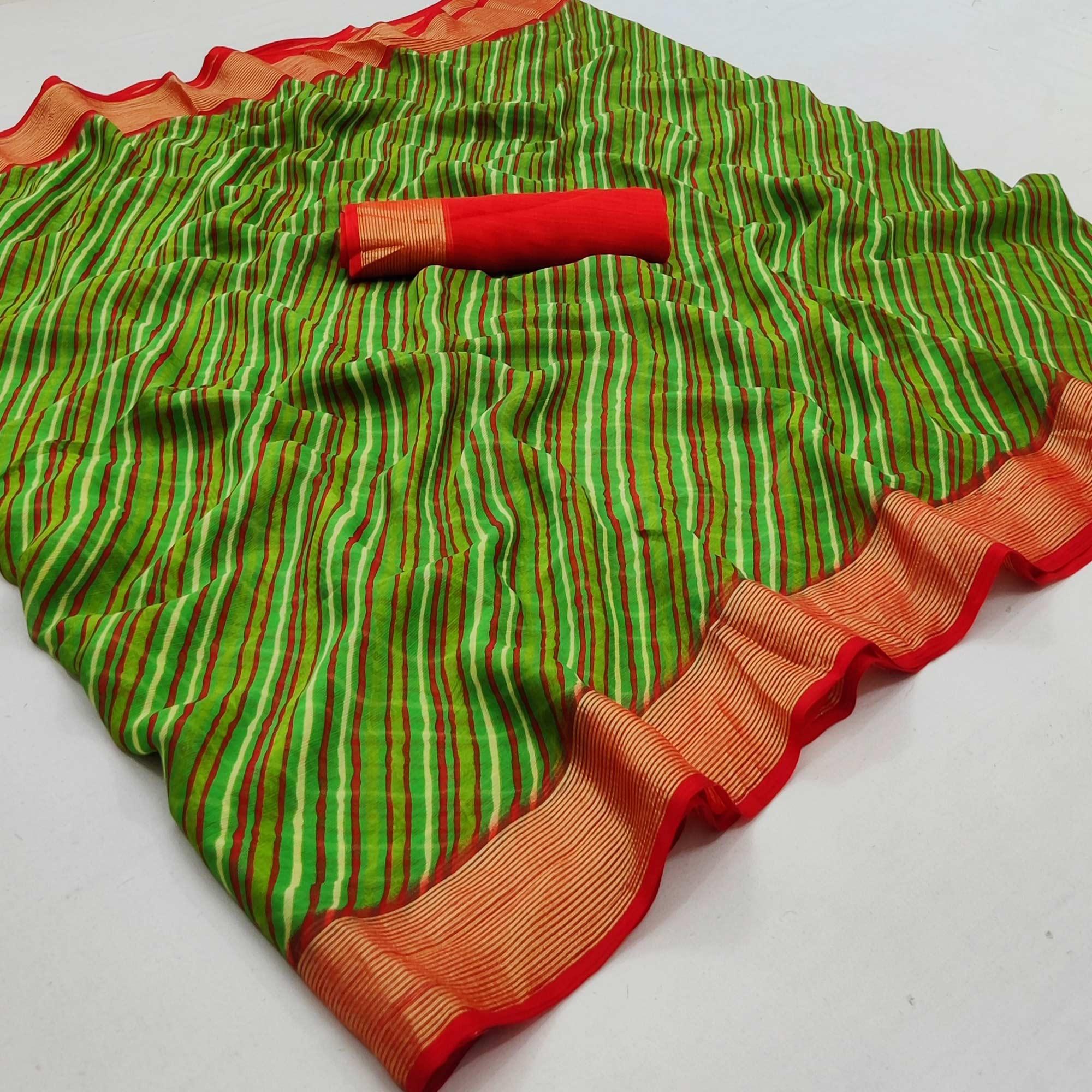 Green Casual Wear Stripe Printed Chiffon Saree - Peachmode