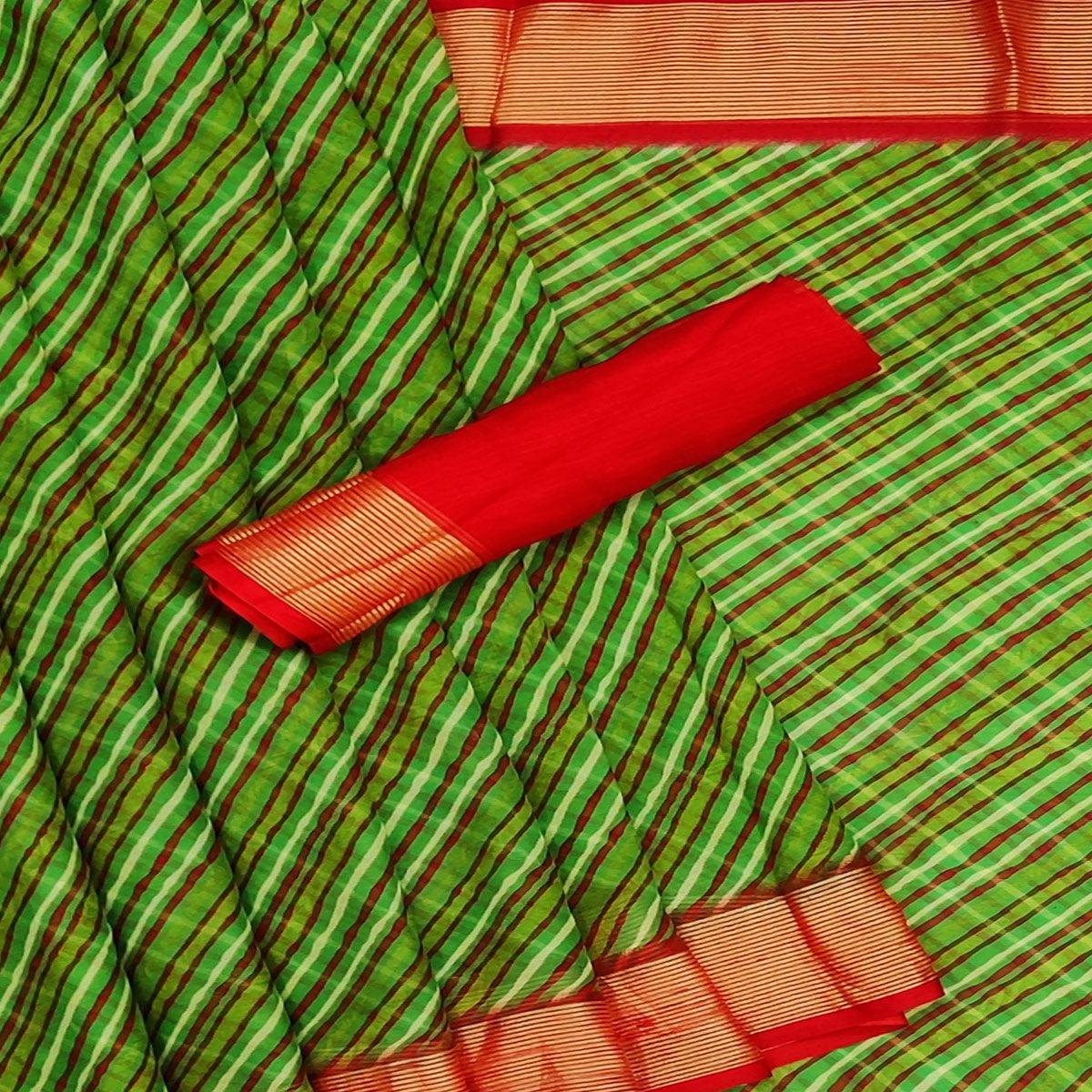 Green Casual Wear Stripe Printed Chiffon Saree - Peachmode