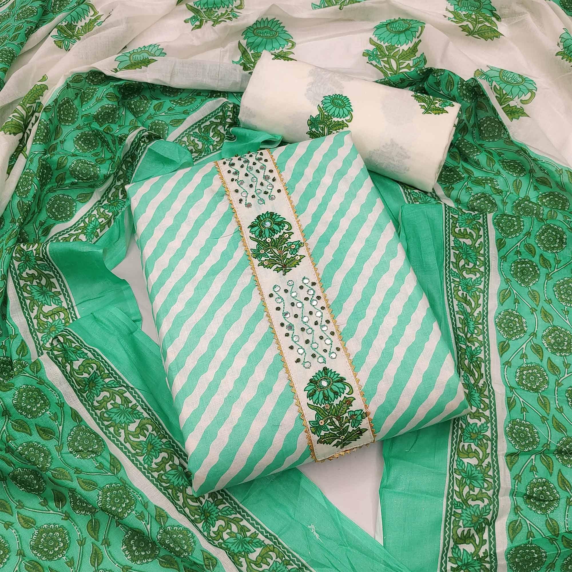 Green Casual Wear Stripe Printed With Embellished Cotton Dress Material - Peachmode