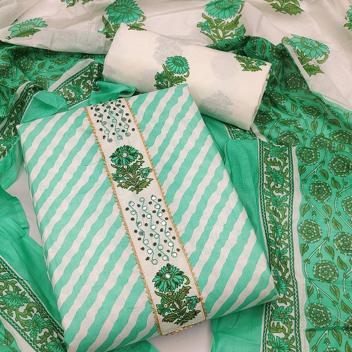 Green Casual Wear Stripe Printed With Embellished Cotton Dress Material - Peachmode