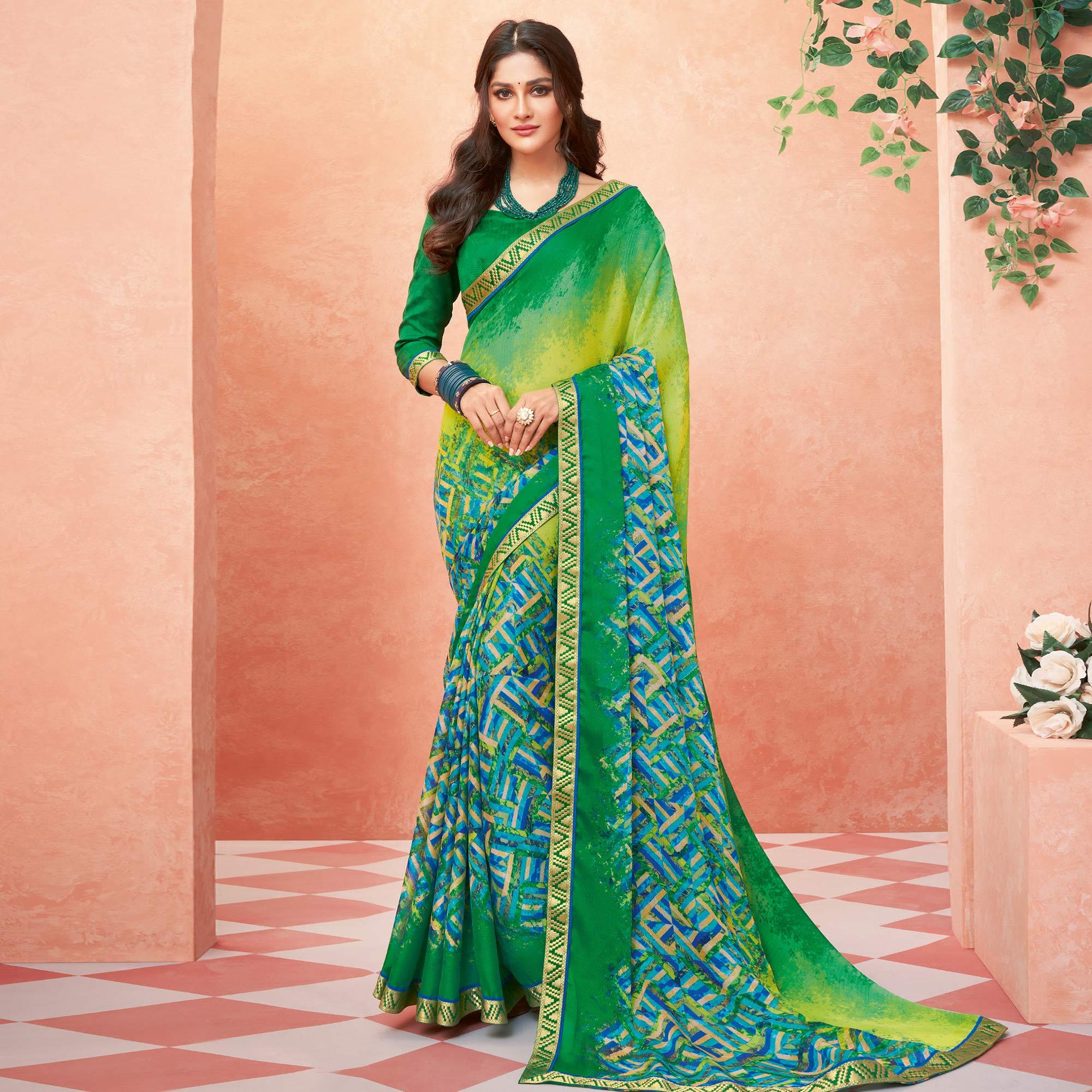 Green Casual Wear Striped Printed Chiffon-Banarsi Saree With Banarasi Border - Peachmode