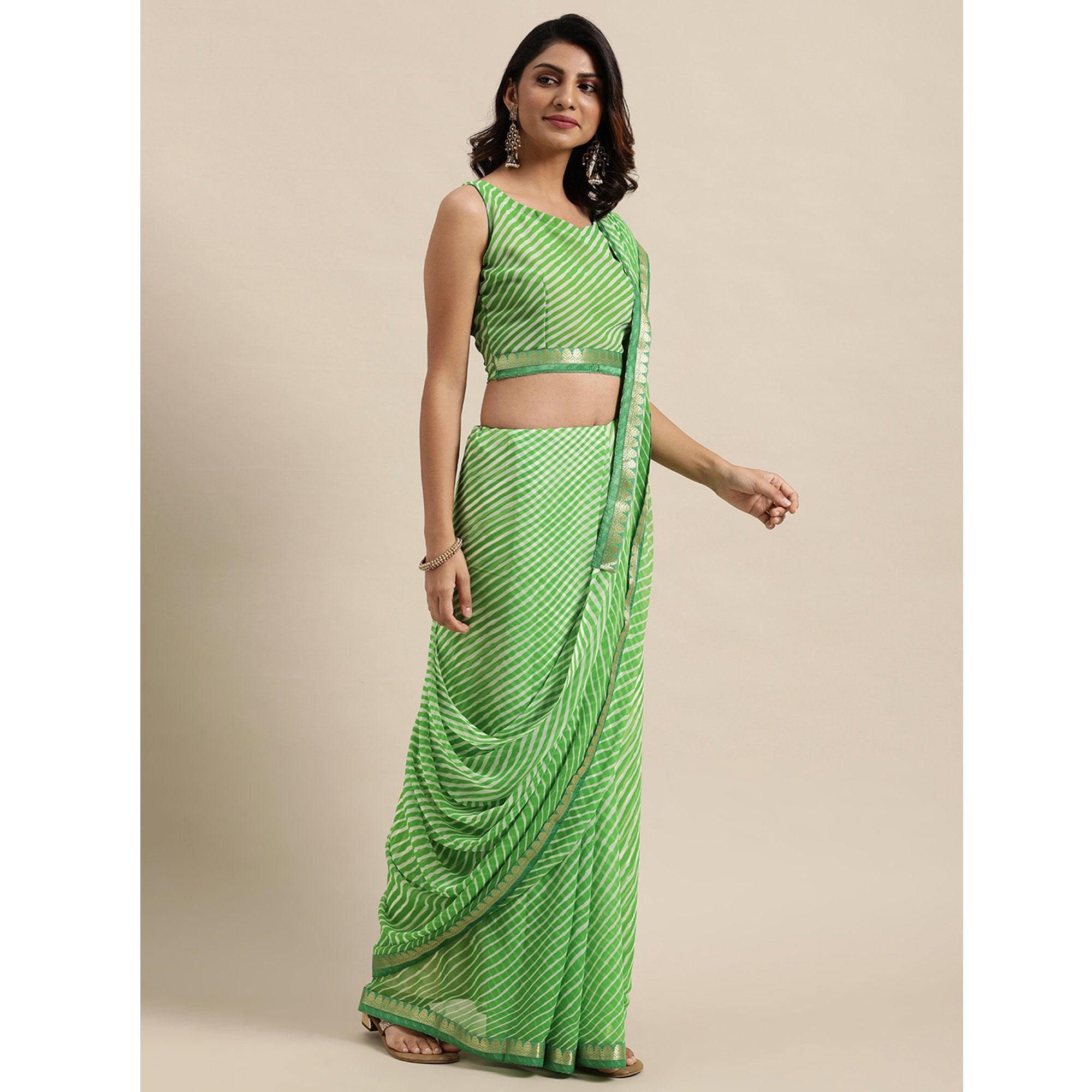 Green Casual Wear  Stripes Printed Georgette Saree - Peachmode