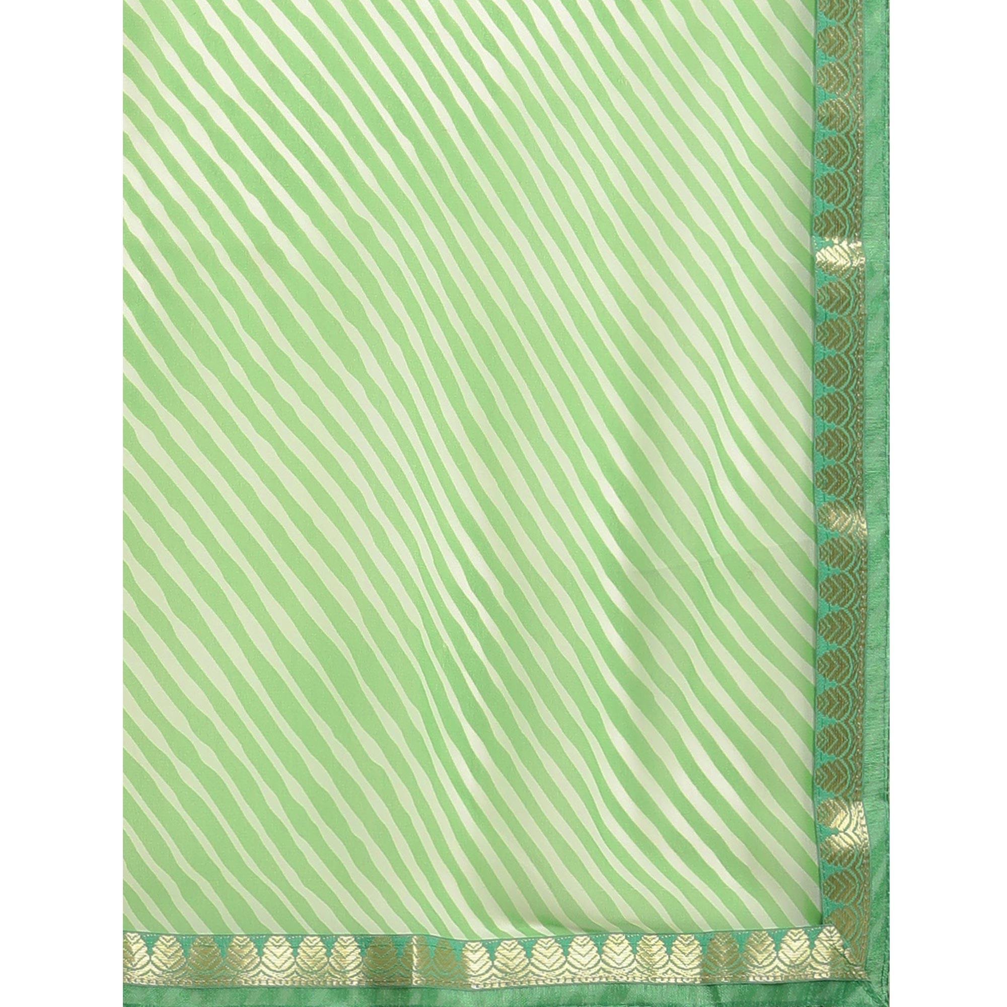 Green Casual Wear  Stripes Printed Georgette Saree - Peachmode