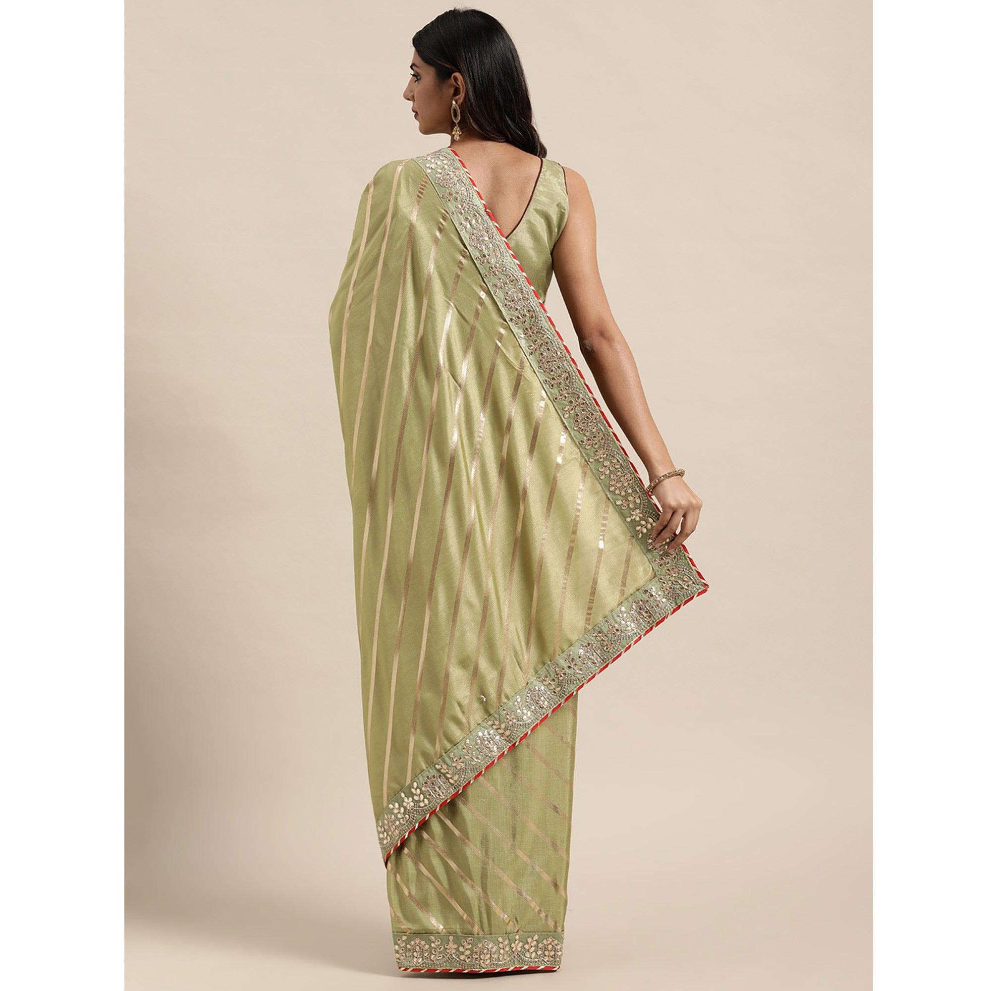 Green Casual Wear Stripes Printed Georgette Saree - Peachmode