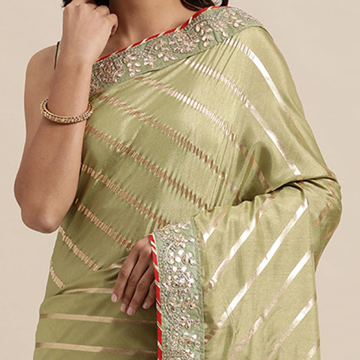 Green Casual Wear Stripes Printed Georgette Saree - Peachmode