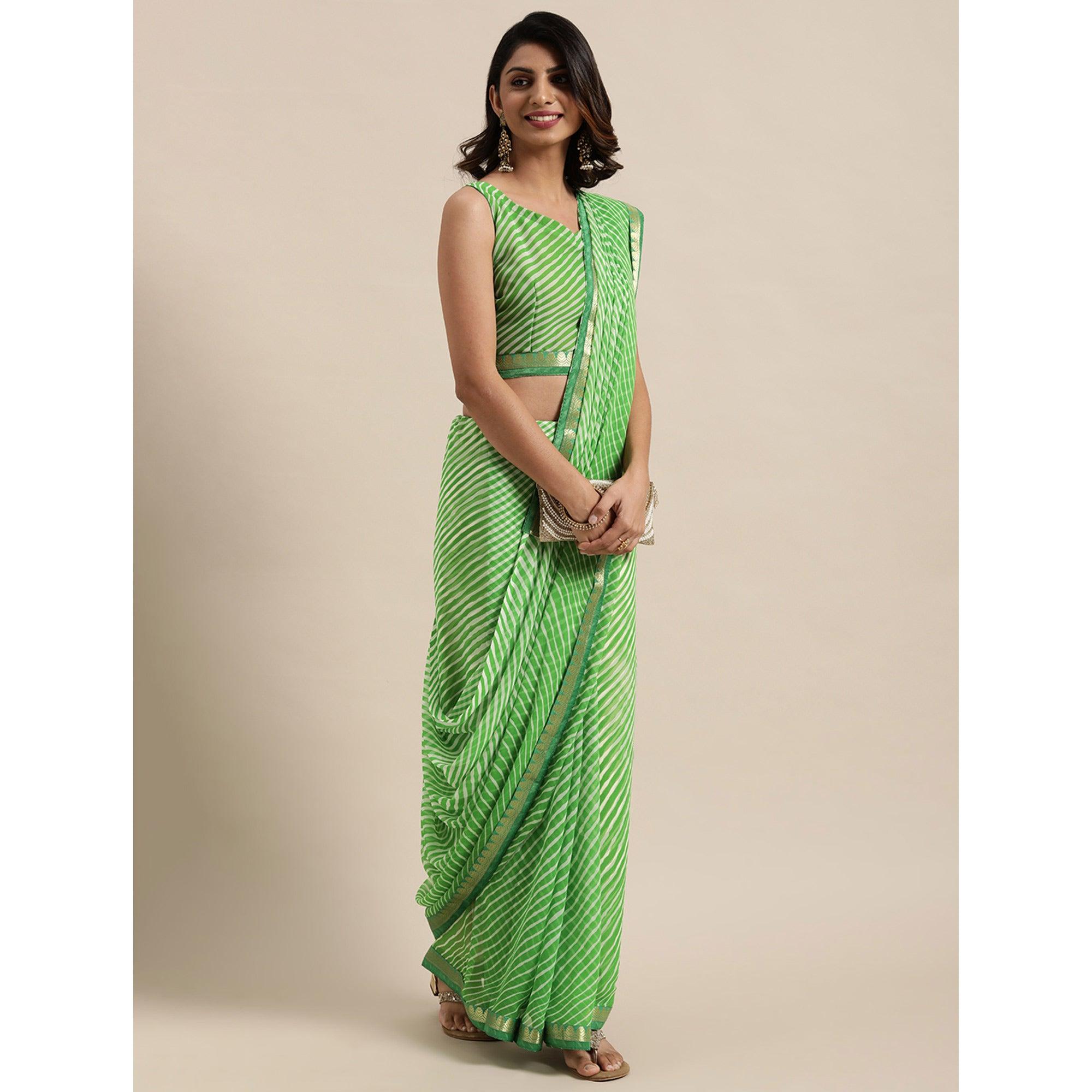 Green Casual Wear  Stripes Printed Georgette Saree - Peachmode