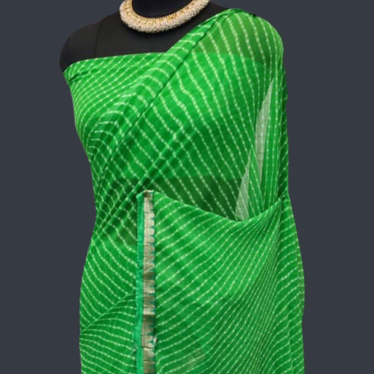 Green Casual Wear Stripes Printed Georgette Saree With Border - Peachmode