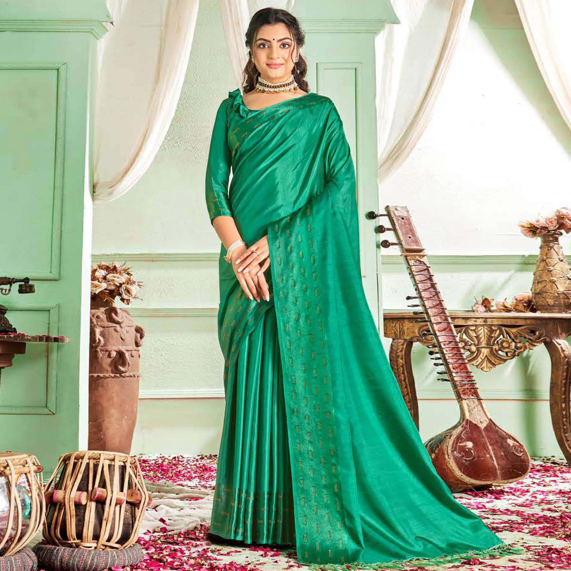 Green Casual Wear Sworski Work Dola Silk Saree - Peachmode